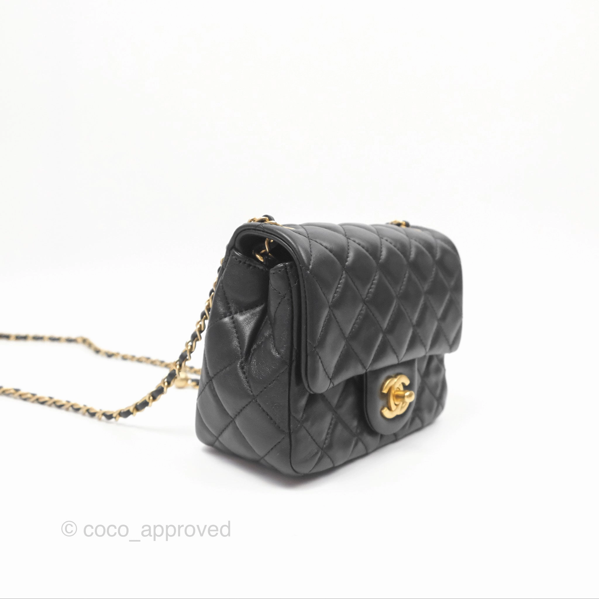 Chanel Pearl Crush Mini Square Quilted Black Lambskin Aged Gold Hardware