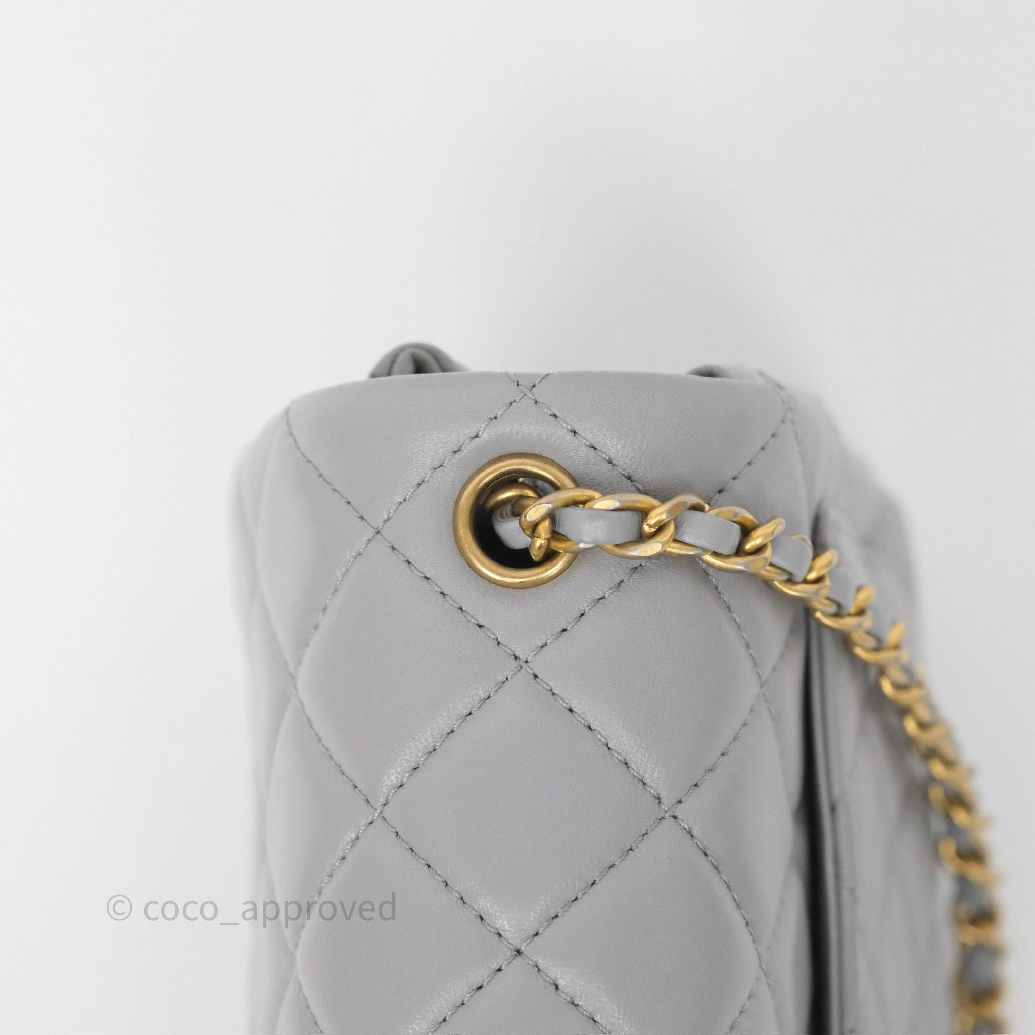 Chanel Pearl Crush Mini Square Quilted Grey Lambskin Aged Gold Hardware