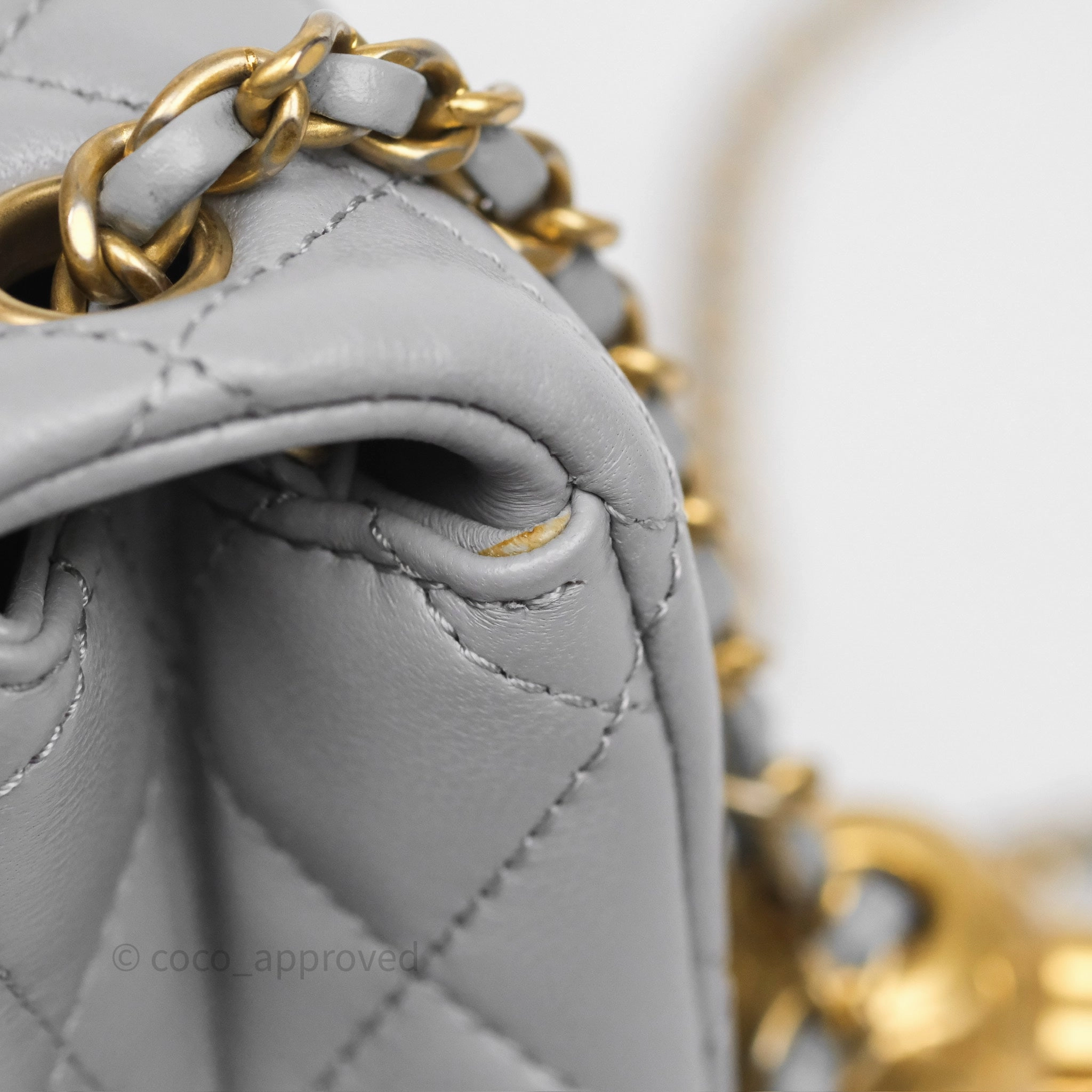 Chanel Pearl Crush Mini Square Quilted Grey Lambskin Aged Gold Hardware