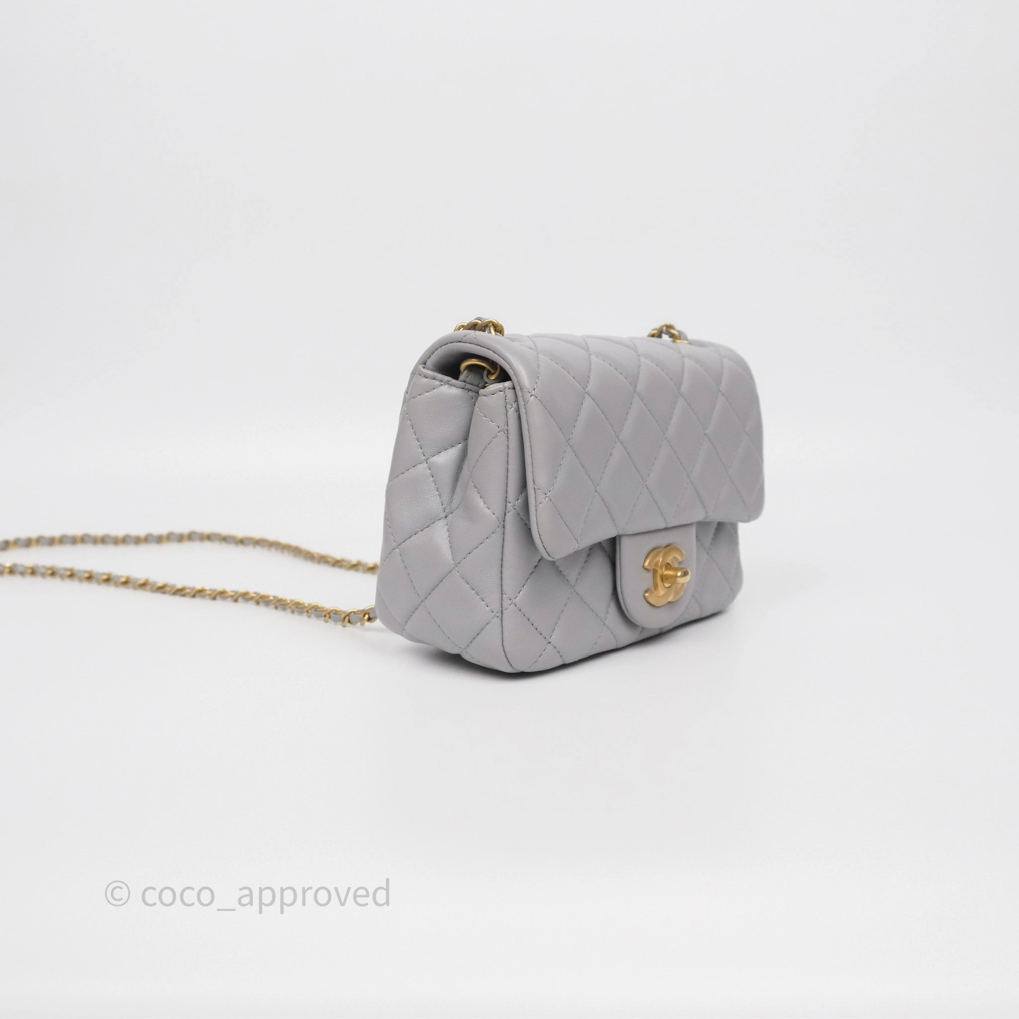 Chanel Pearl Crush Mini Square Quilted Grey Lambskin Aged Gold Hardware
