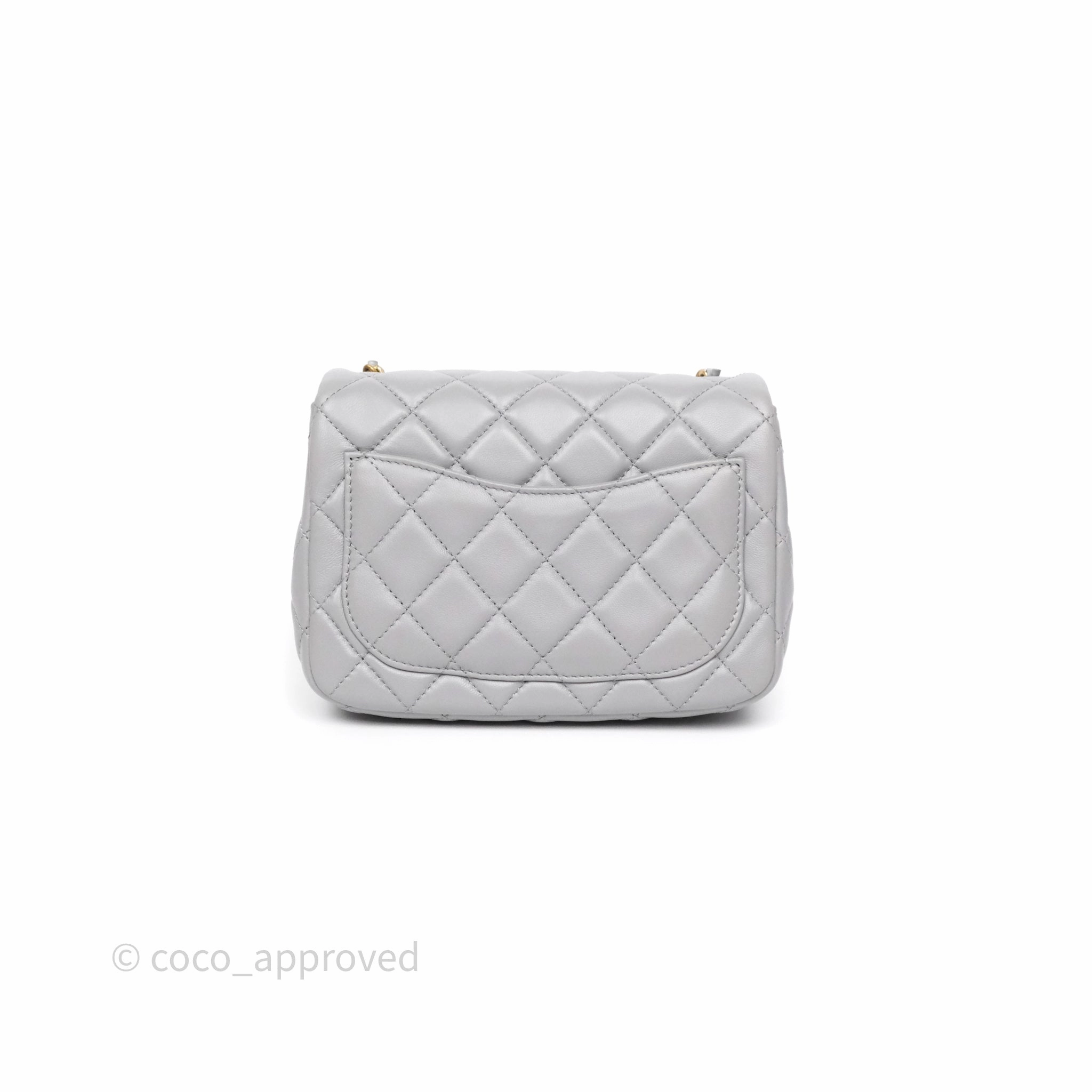 Chanel Pearl Crush Mini Square Quilted Grey Lambskin Aged Gold Hardware