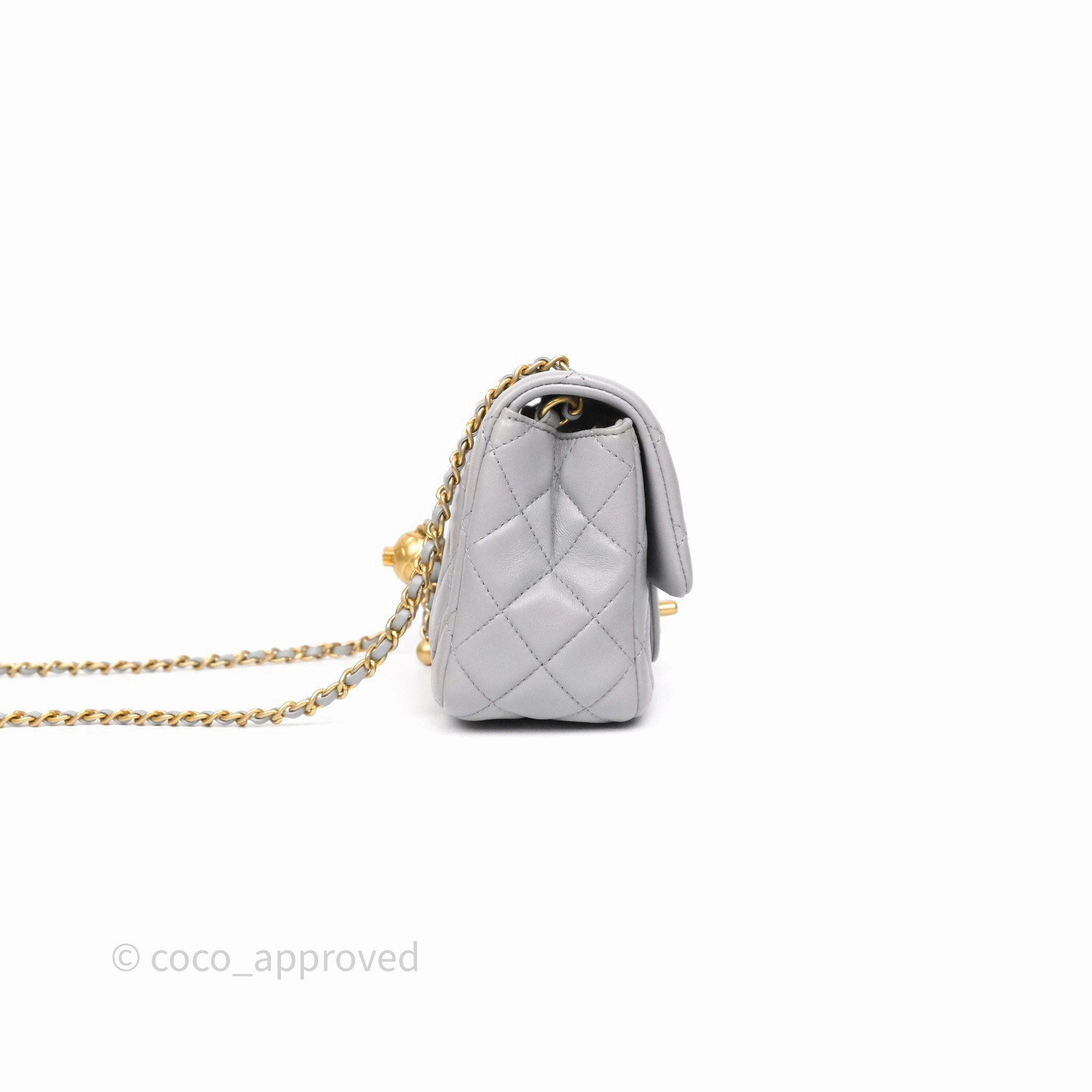 Chanel Pearl Crush Mini Square Quilted Grey Lambskin Aged Gold Hardware