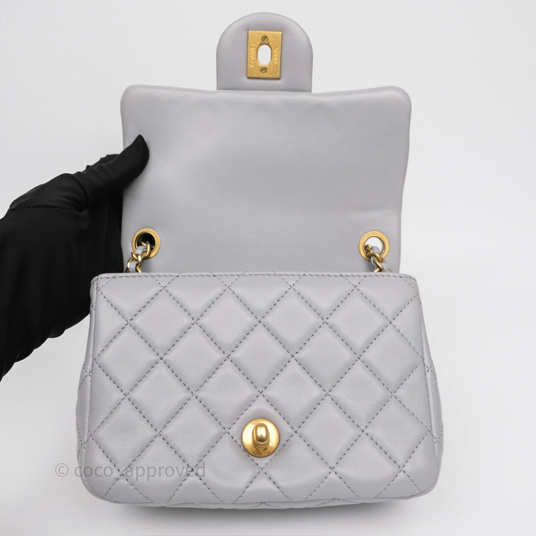 Chanel Pearl Crush Mini Square Quilted Grey Lambskin Aged Gold Hardware