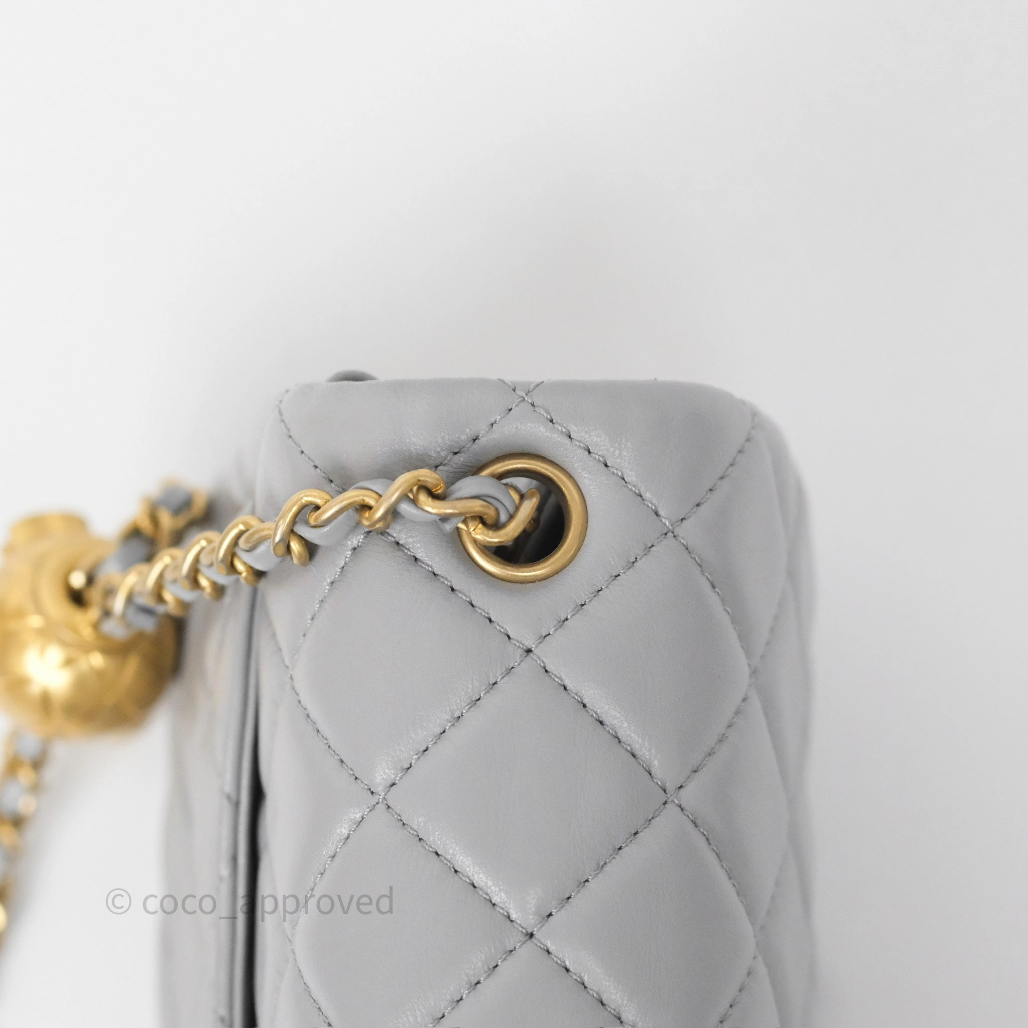 Chanel Pearl Crush Mini Square Quilted Grey Lambskin Aged Gold Hardware