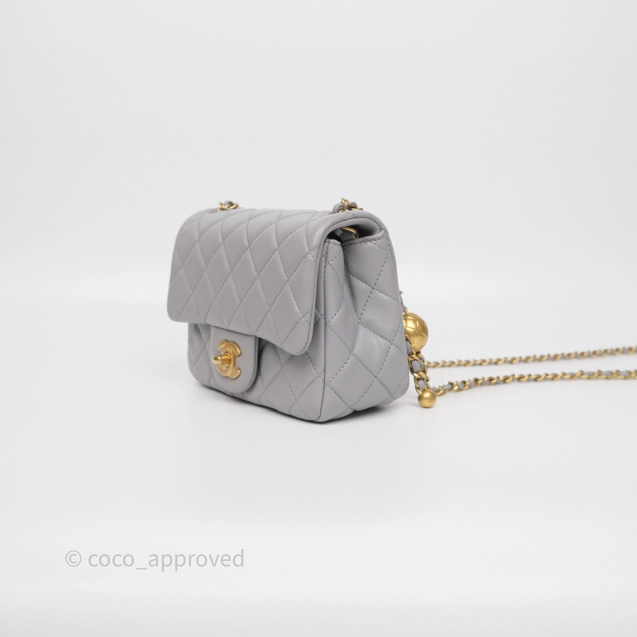 Chanel Pearl Crush Mini Square Quilted Grey Lambskin Aged Gold Hardware