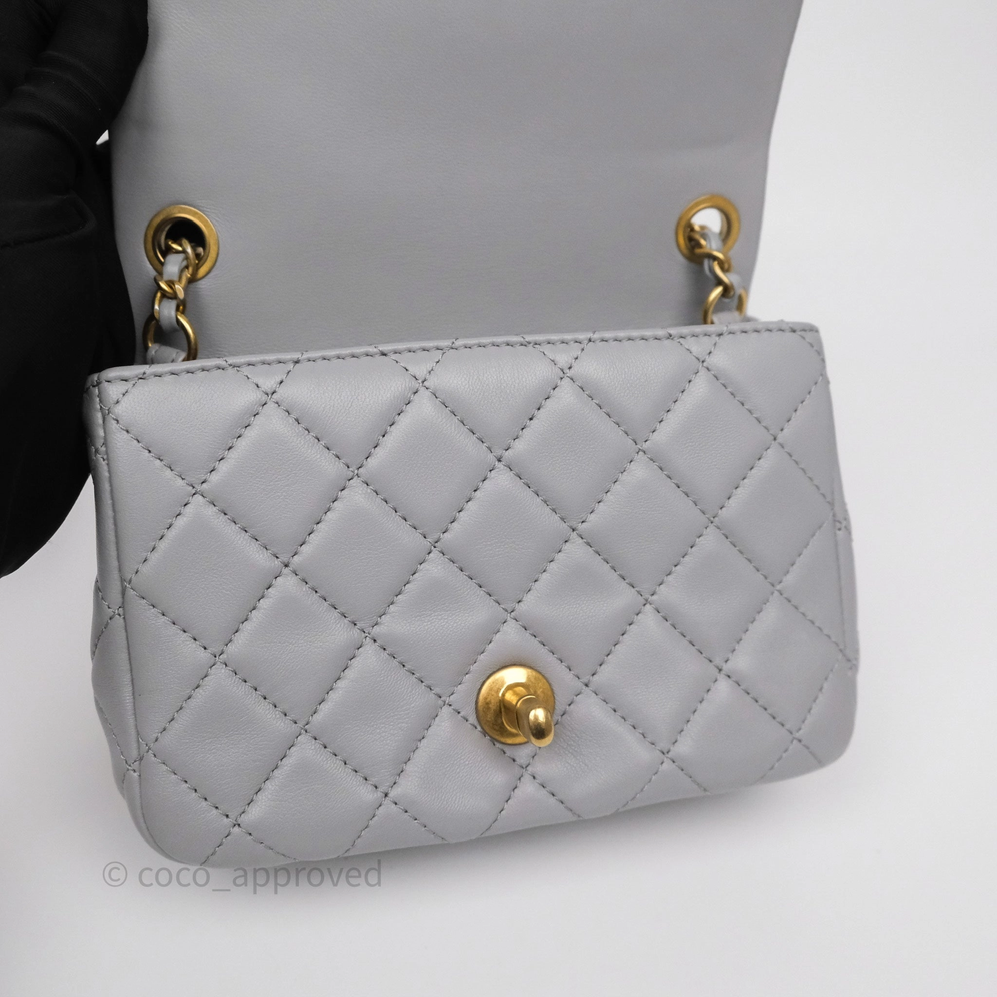 Chanel Pearl Crush Mini Square Quilted Grey Lambskin Aged Gold Hardware