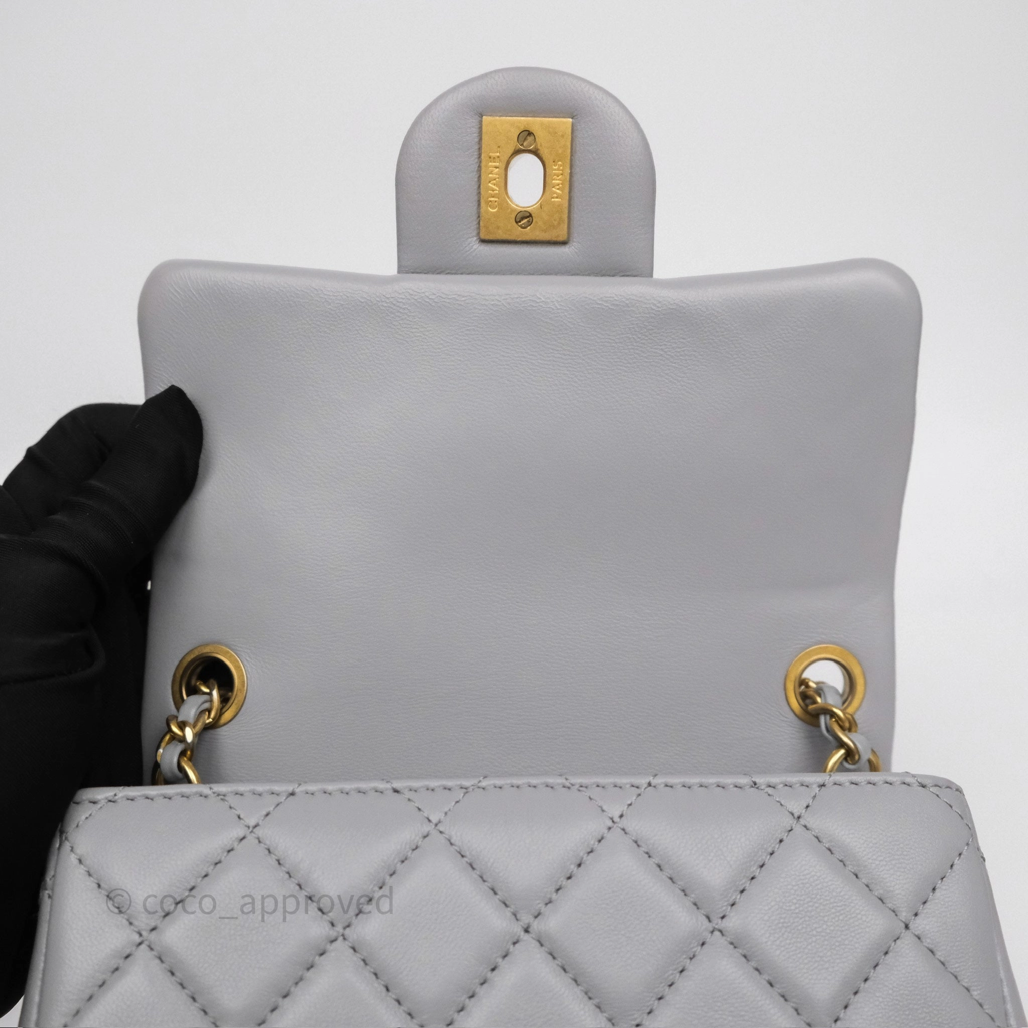 Chanel Pearl Crush Mini Square Quilted Grey Lambskin Aged Gold Hardware