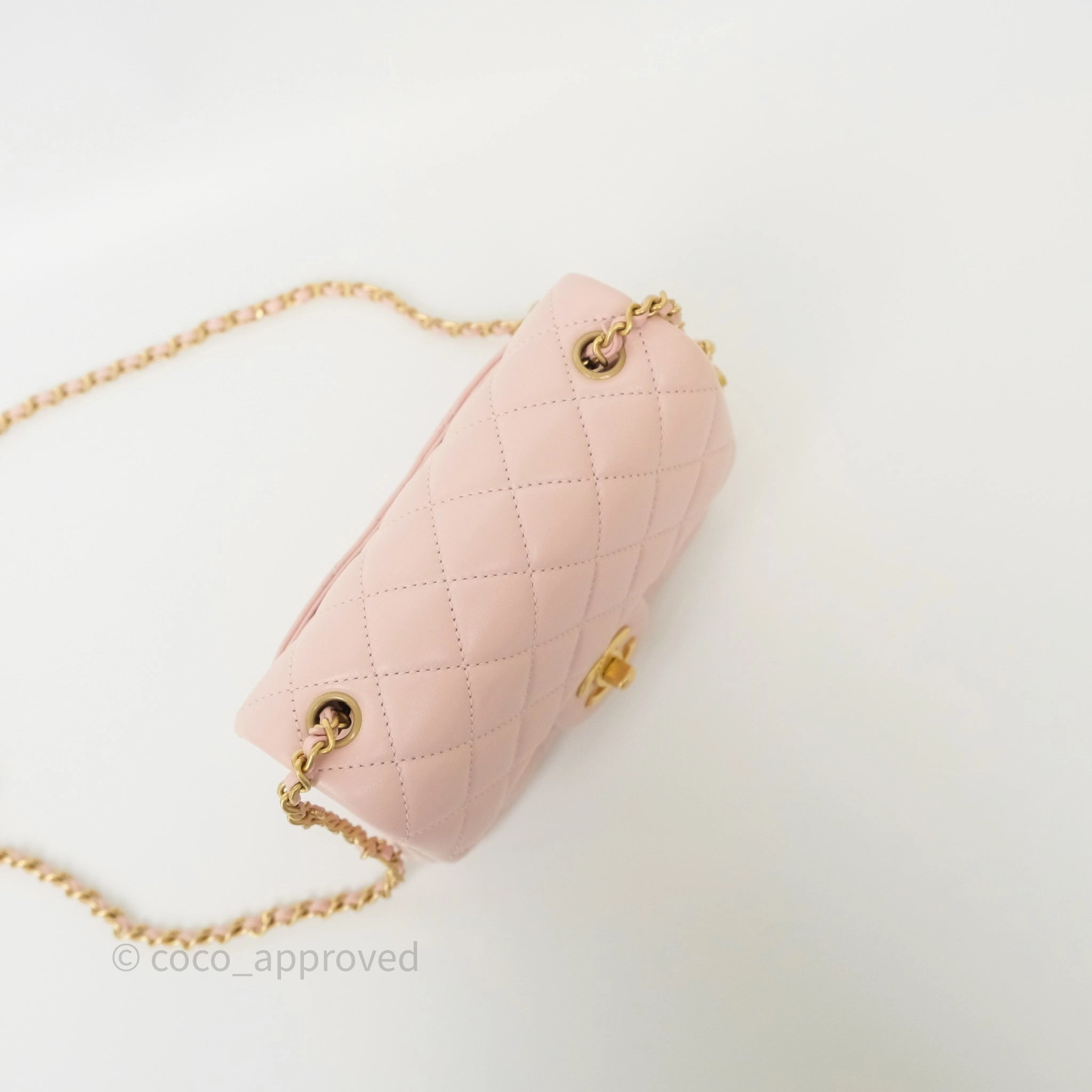 Chanel Pearl Crush Mini Square Quilted Light Pink Lambskin Aged Gold Hardware
