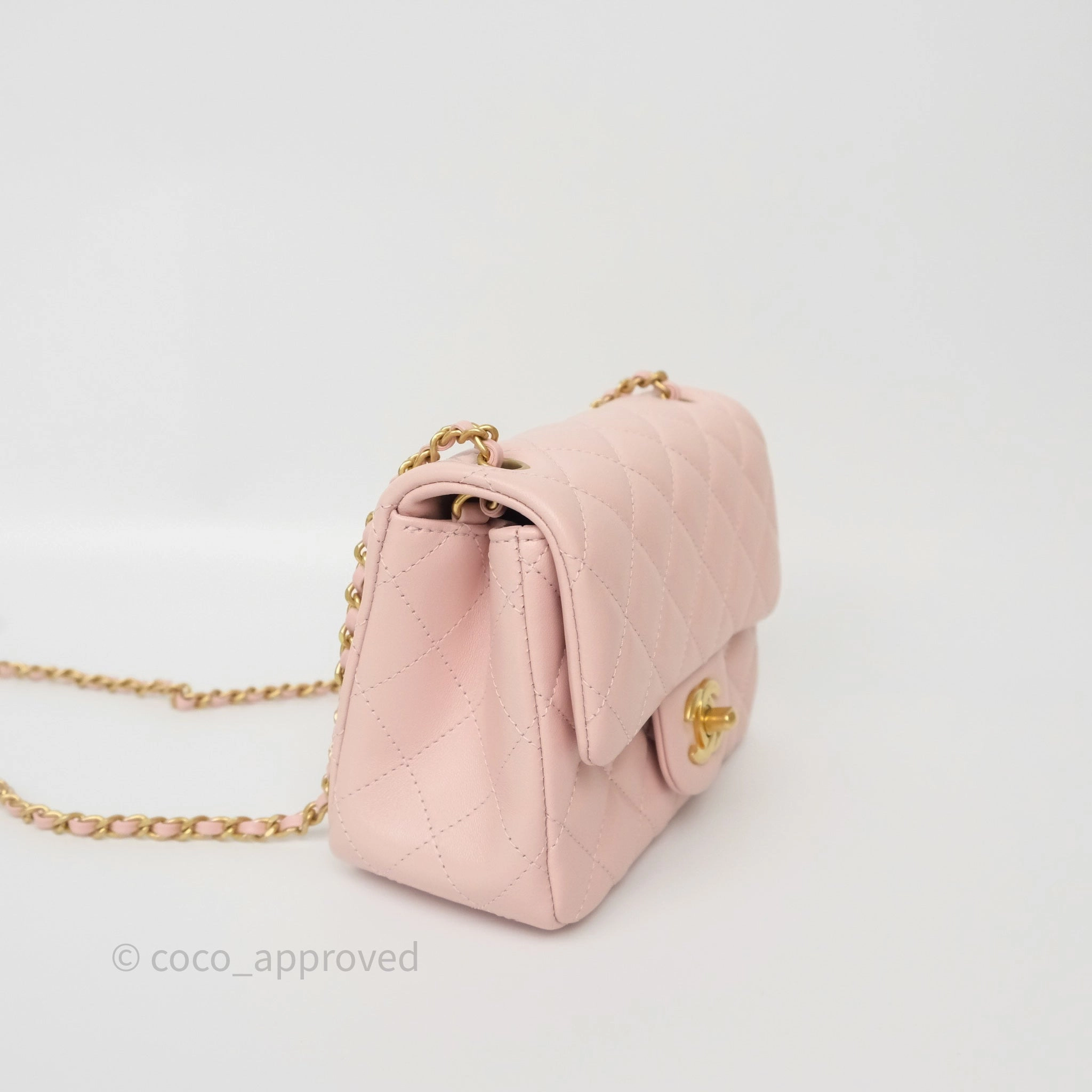 Chanel Pearl Crush Mini Square Quilted Light Pink Lambskin Aged Gold Hardware