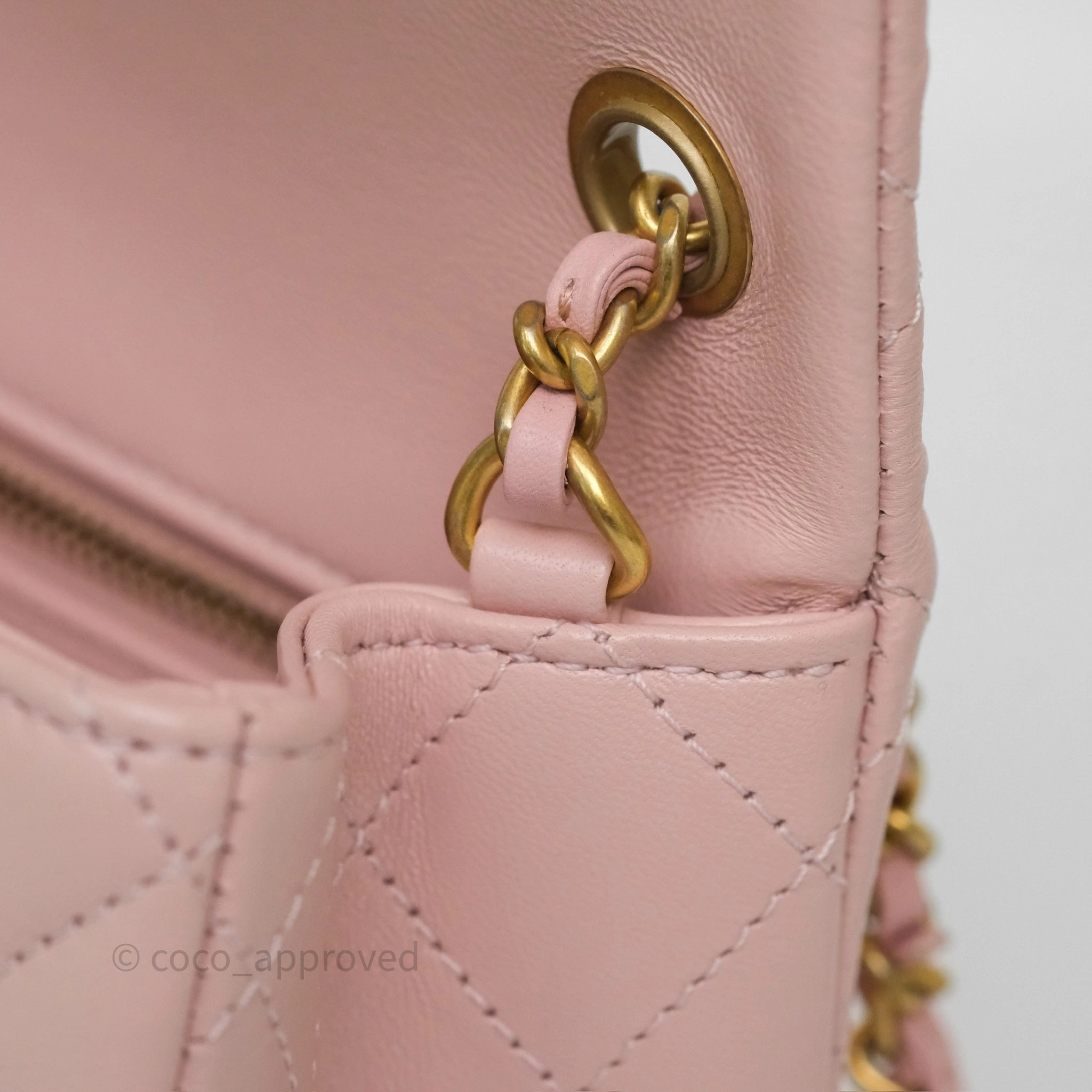 Chanel Pearl Crush Mini Square Quilted Light Pink Lambskin Aged Gold Hardware