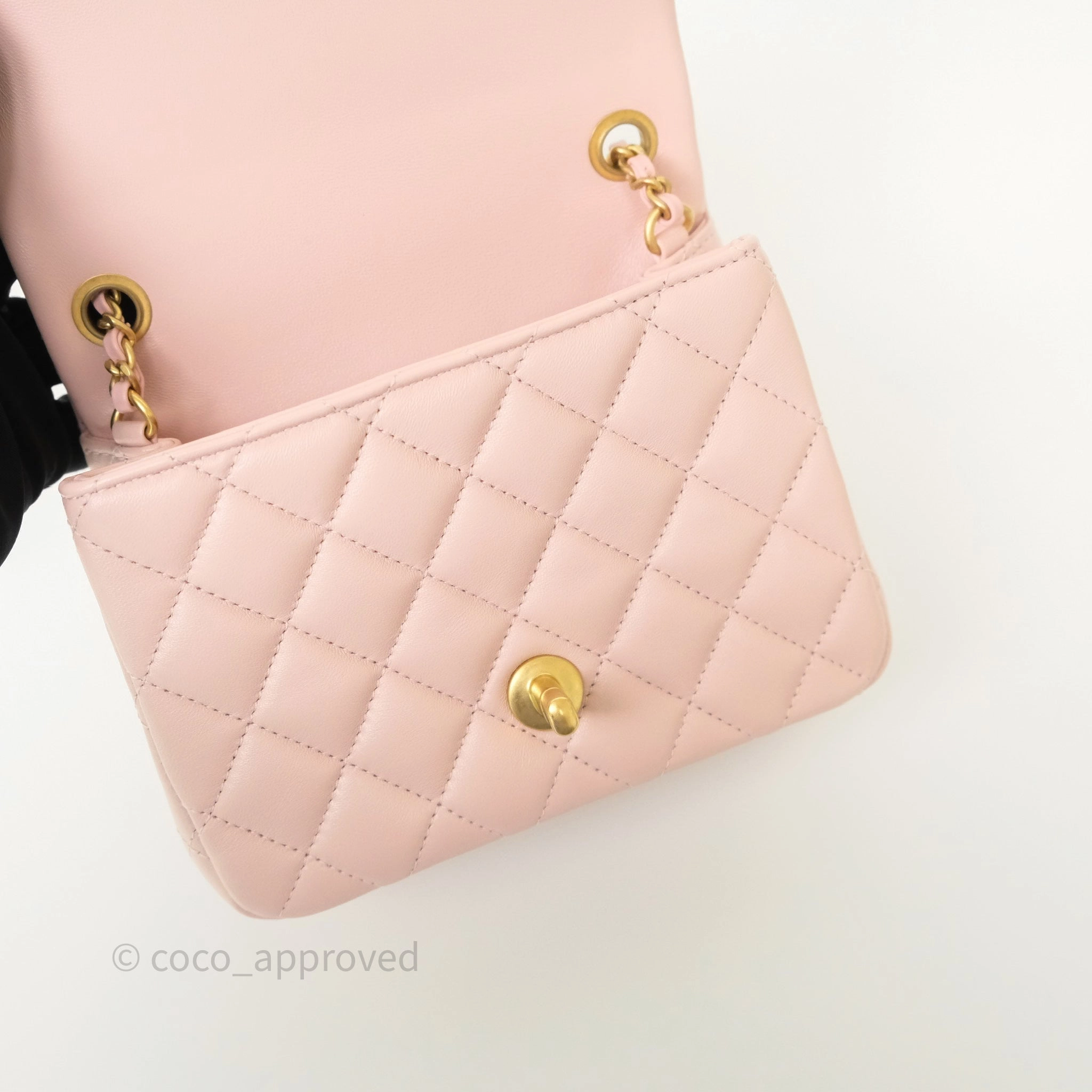 Chanel Pearl Crush Mini Square Quilted Light Pink Lambskin Aged Gold Hardware