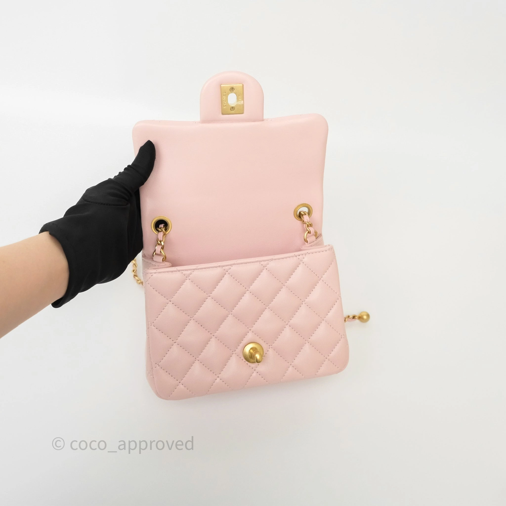 Chanel Pearl Crush Mini Square Quilted Light Pink Lambskin Aged Gold Hardware