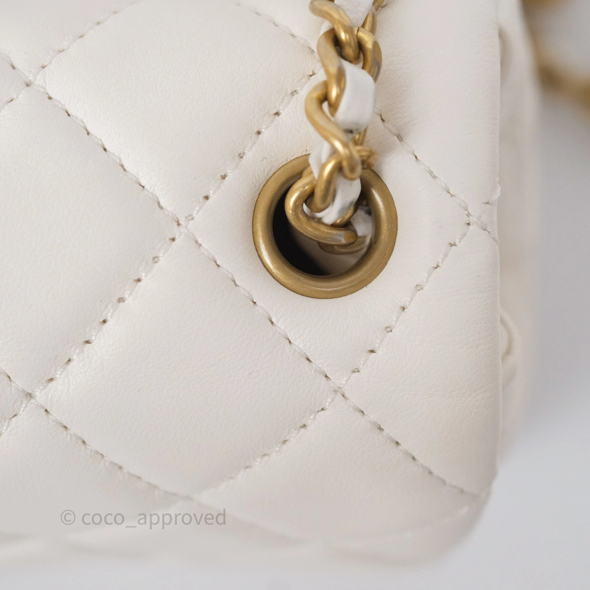 Chanel Pearl Crush Mini Square Quilted White Lambskin Aged Gold Hardware