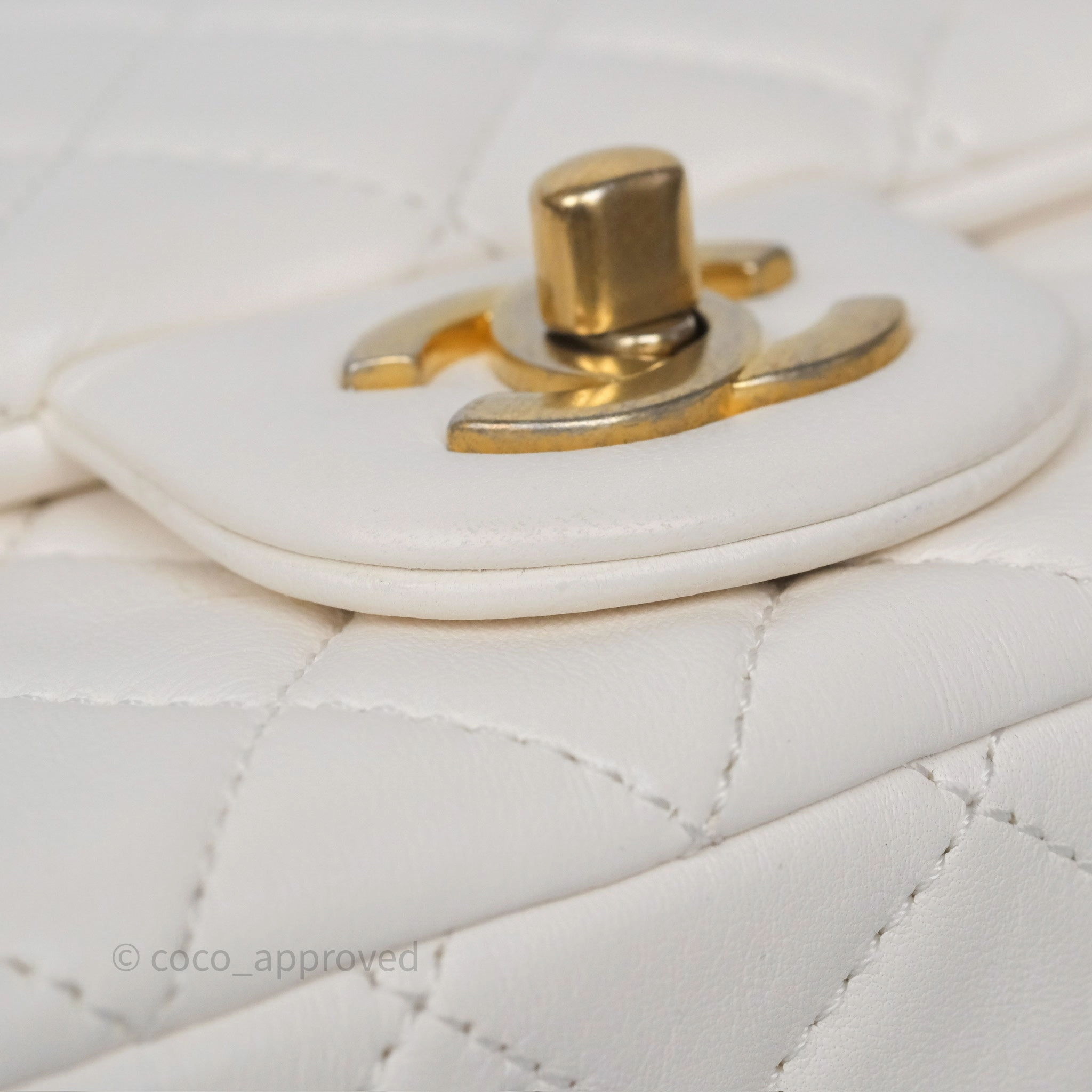 Chanel Pearl Crush Mini Square Quilted White Lambskin Aged Gold Hardware