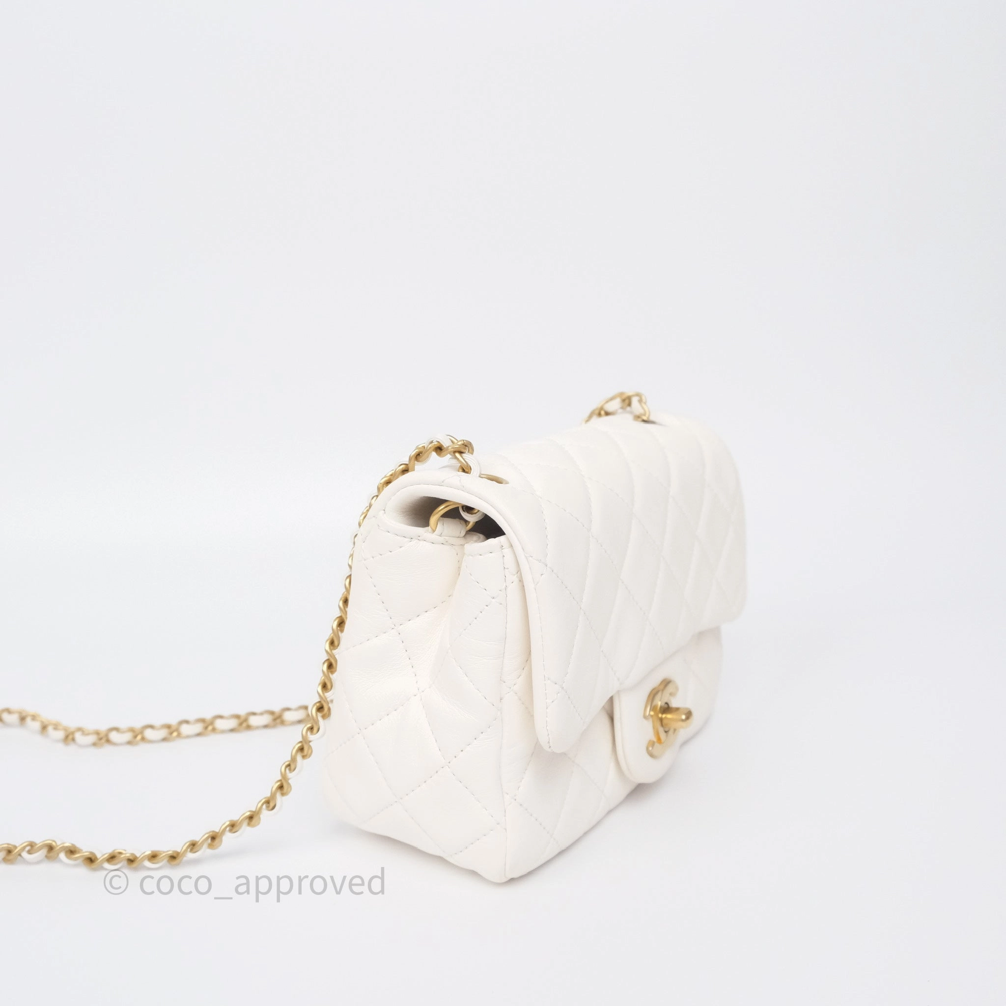 Chanel Pearl Crush Mini Square Quilted White Lambskin Aged Gold Hardware