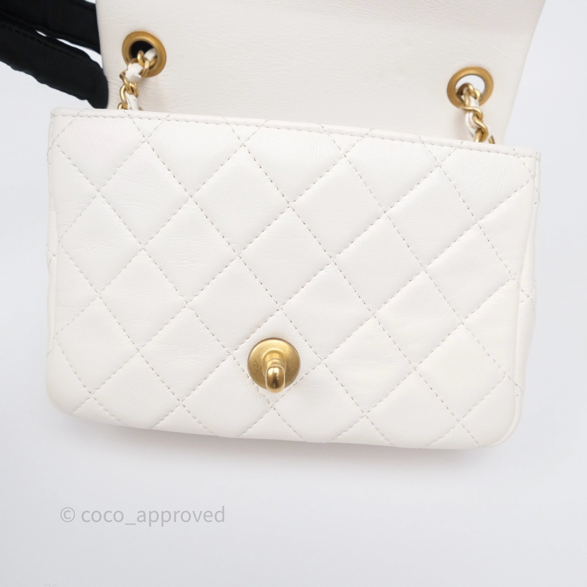 Chanel Pearl Crush Mini Square Quilted White Lambskin Aged Gold Hardware