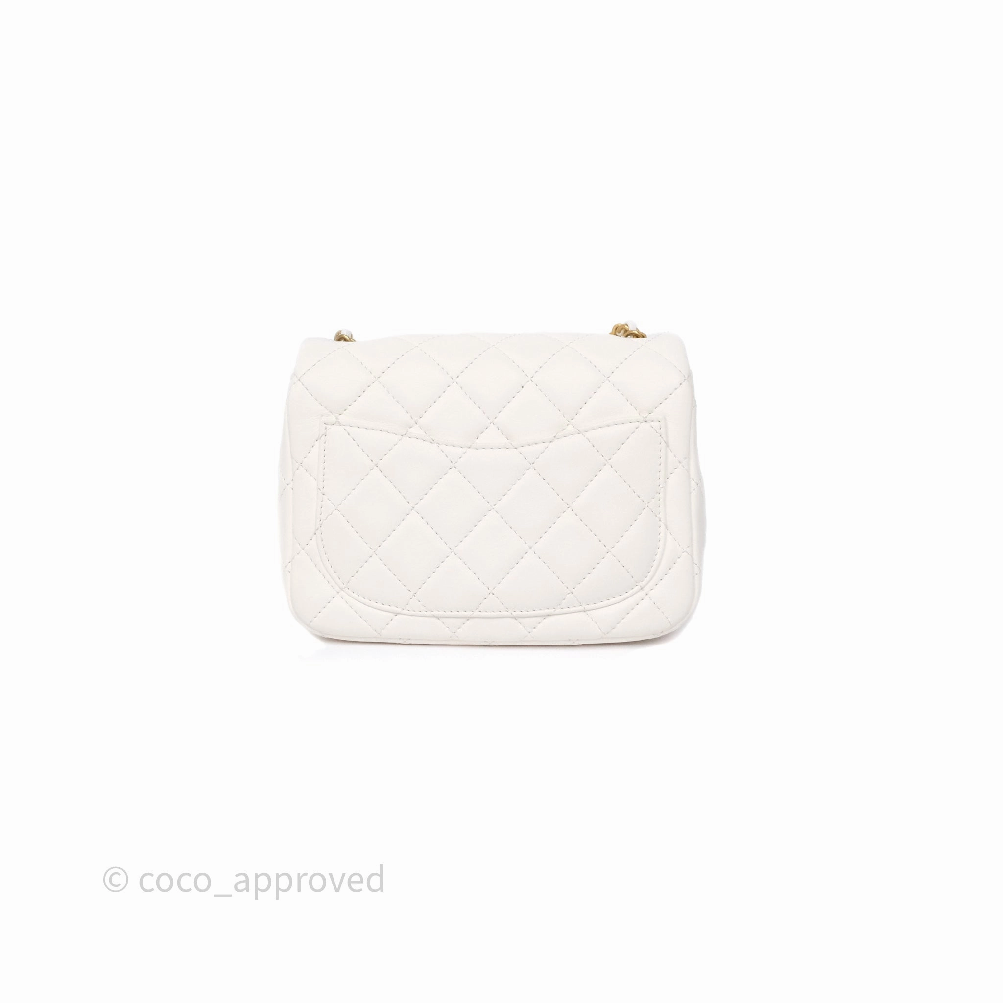 Chanel Pearl Crush Mini Square Quilted White Lambskin Aged Gold Hardware