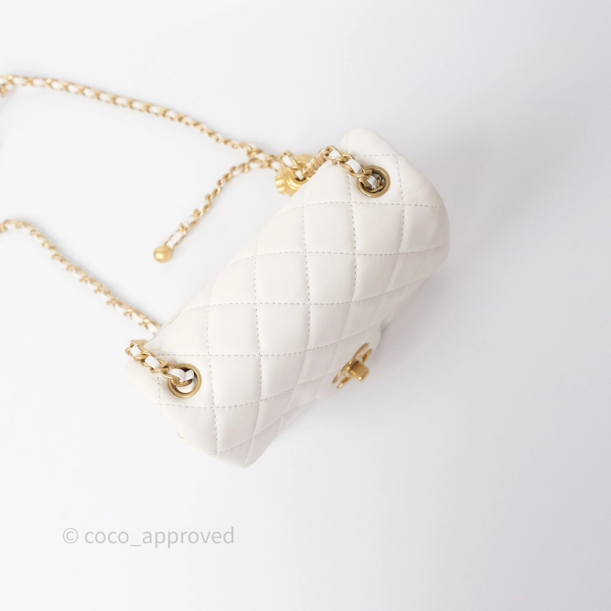 Chanel Pearl Crush Mini Square Quilted White Lambskin Aged Gold Hardware