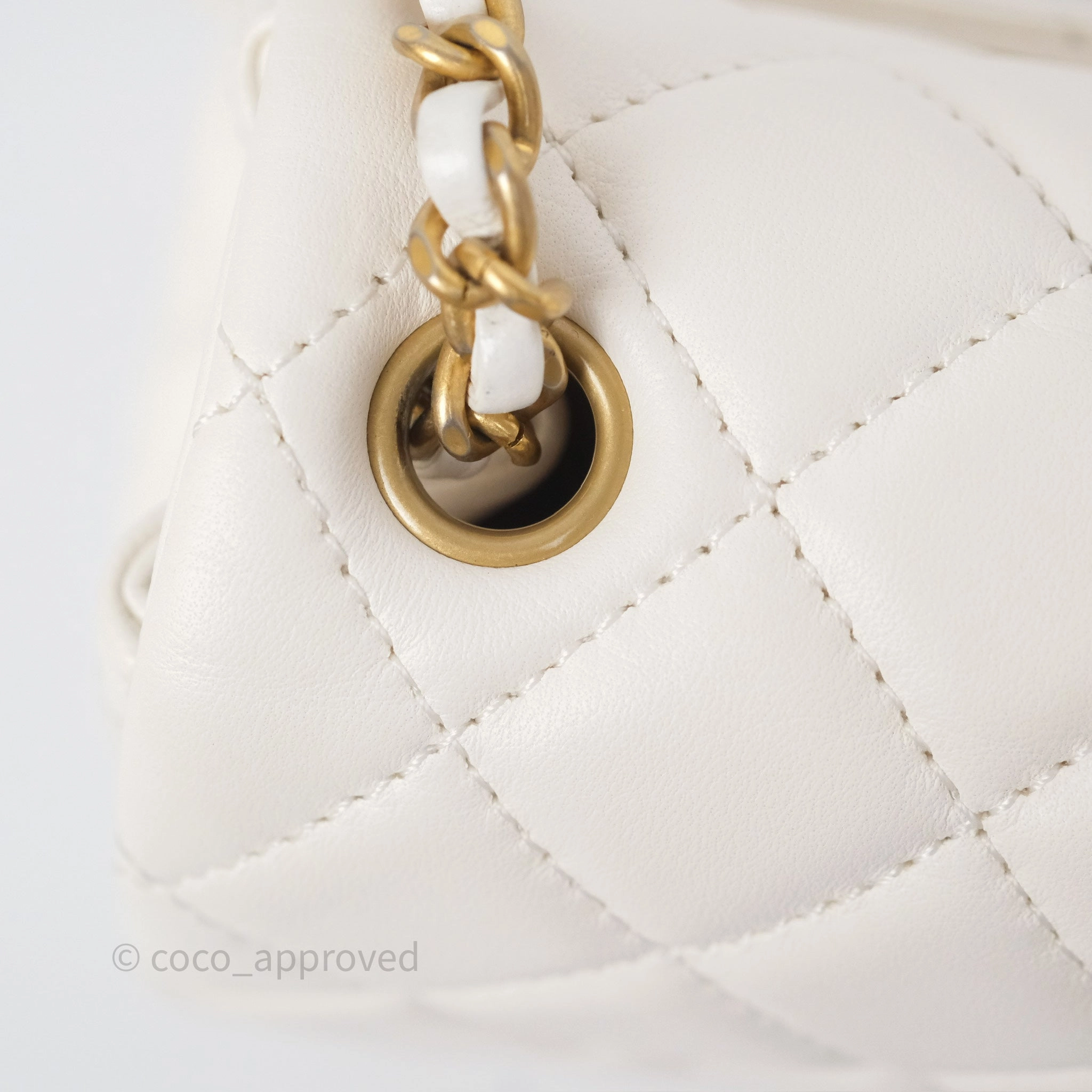 Chanel Pearl Crush Mini Square Quilted White Lambskin Aged Gold Hardware