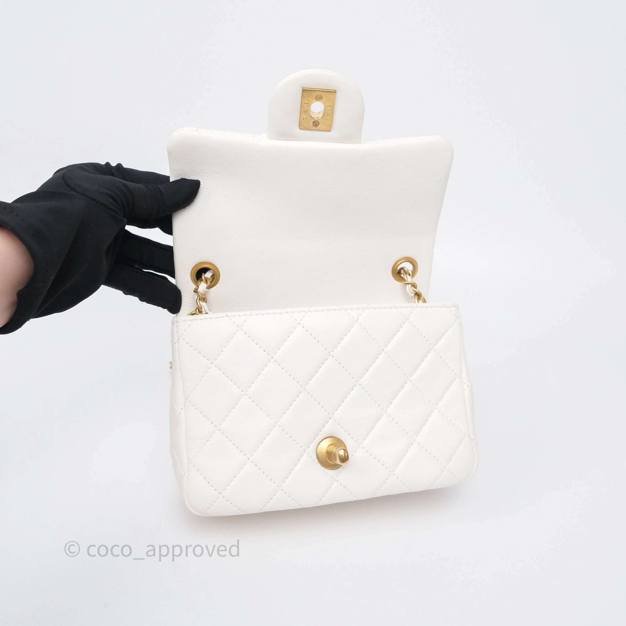 Chanel Pearl Crush Mini Square Quilted White Lambskin Aged Gold Hardware