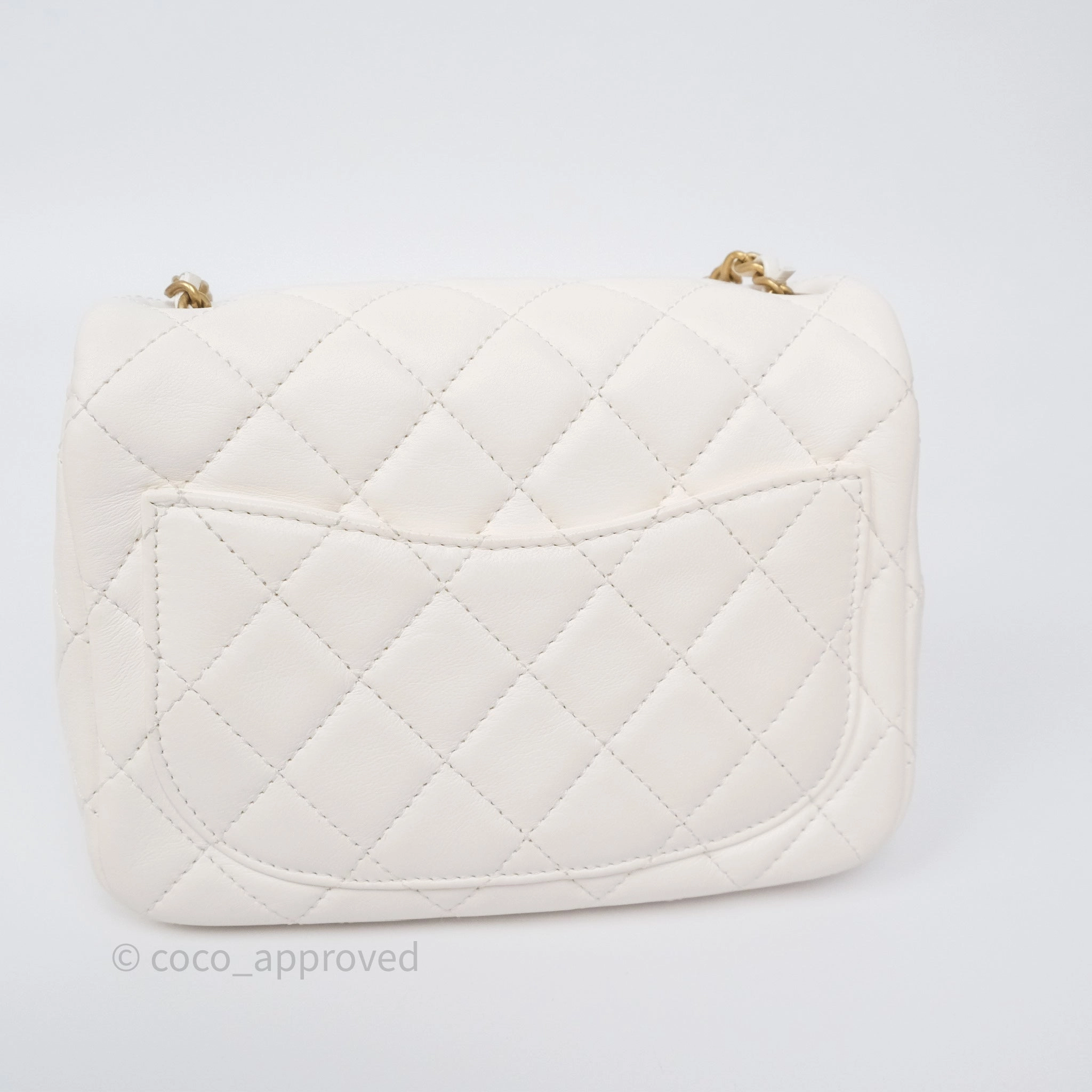 Chanel Pearl Crush Mini Square Quilted White Lambskin Aged Gold Hardware