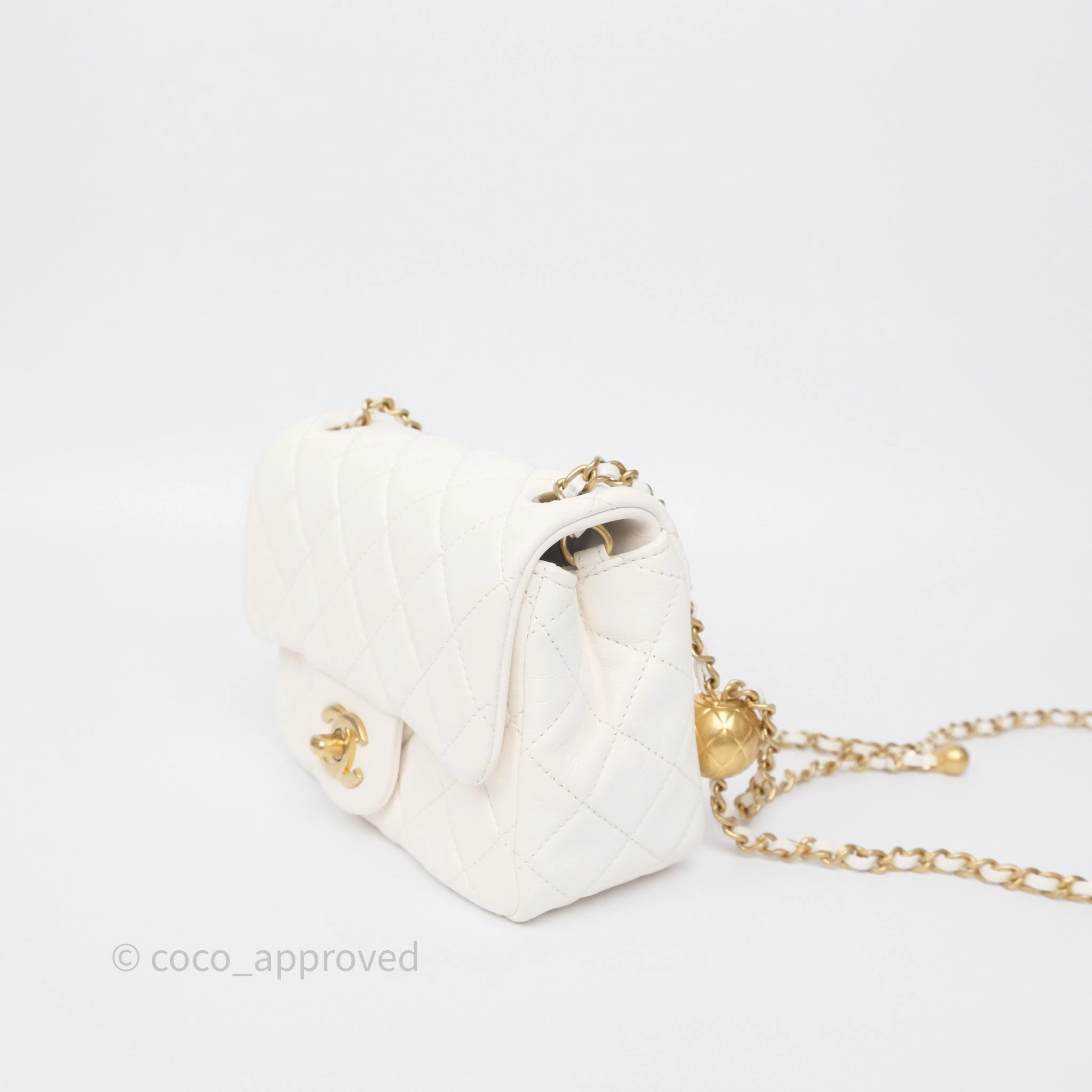 Chanel Pearl Crush Mini Square Quilted White Lambskin Aged Gold Hardware