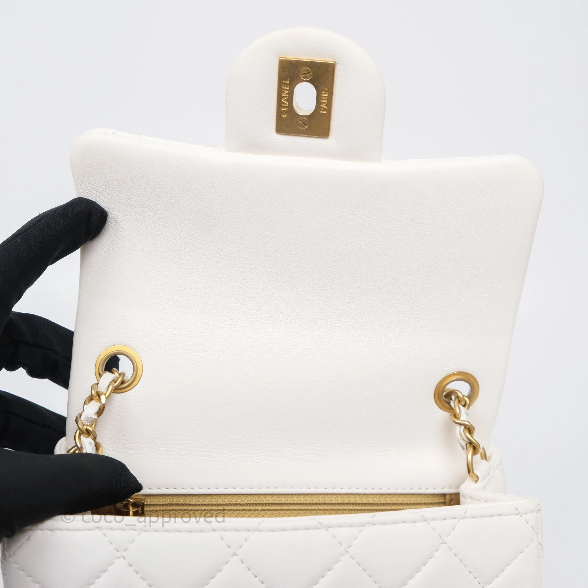 Chanel Pearl Crush Mini Square Quilted White Lambskin Aged Gold Hardware