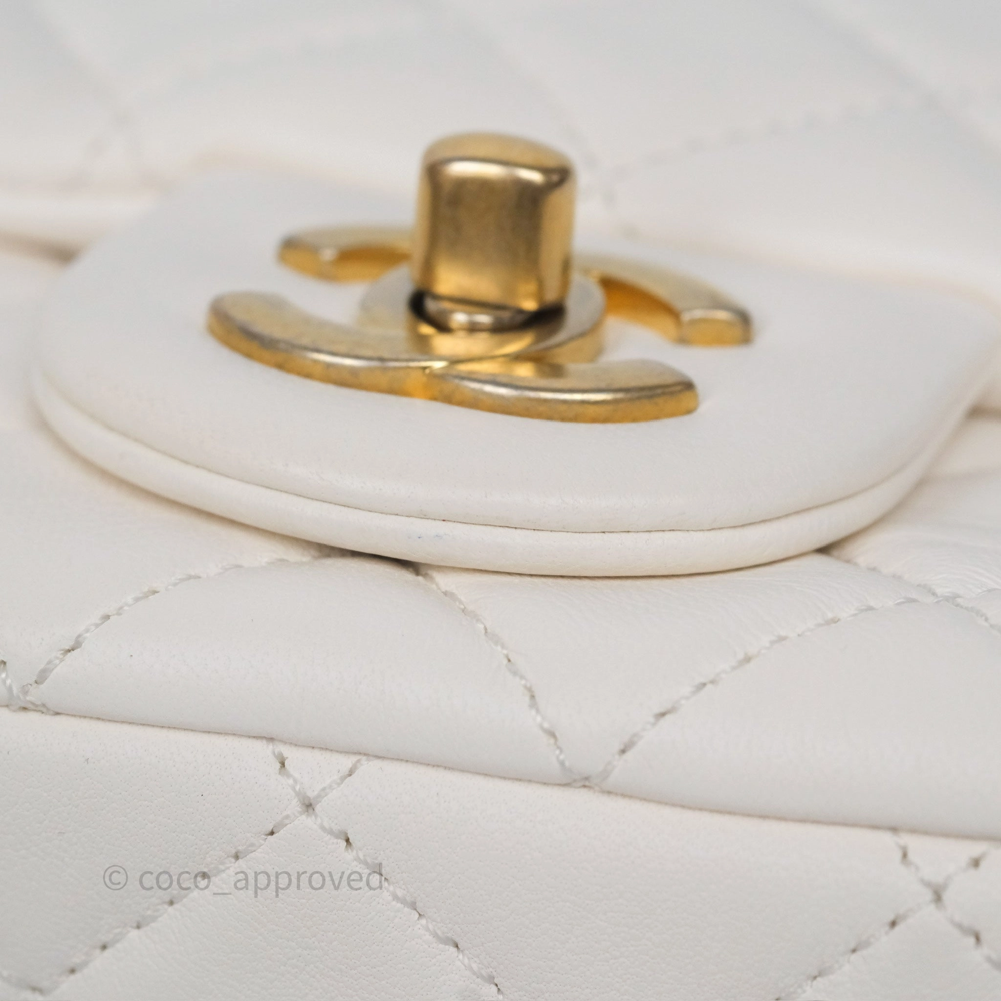 Chanel Pearl Crush Mini Square Quilted White Lambskin Aged Gold Hardware