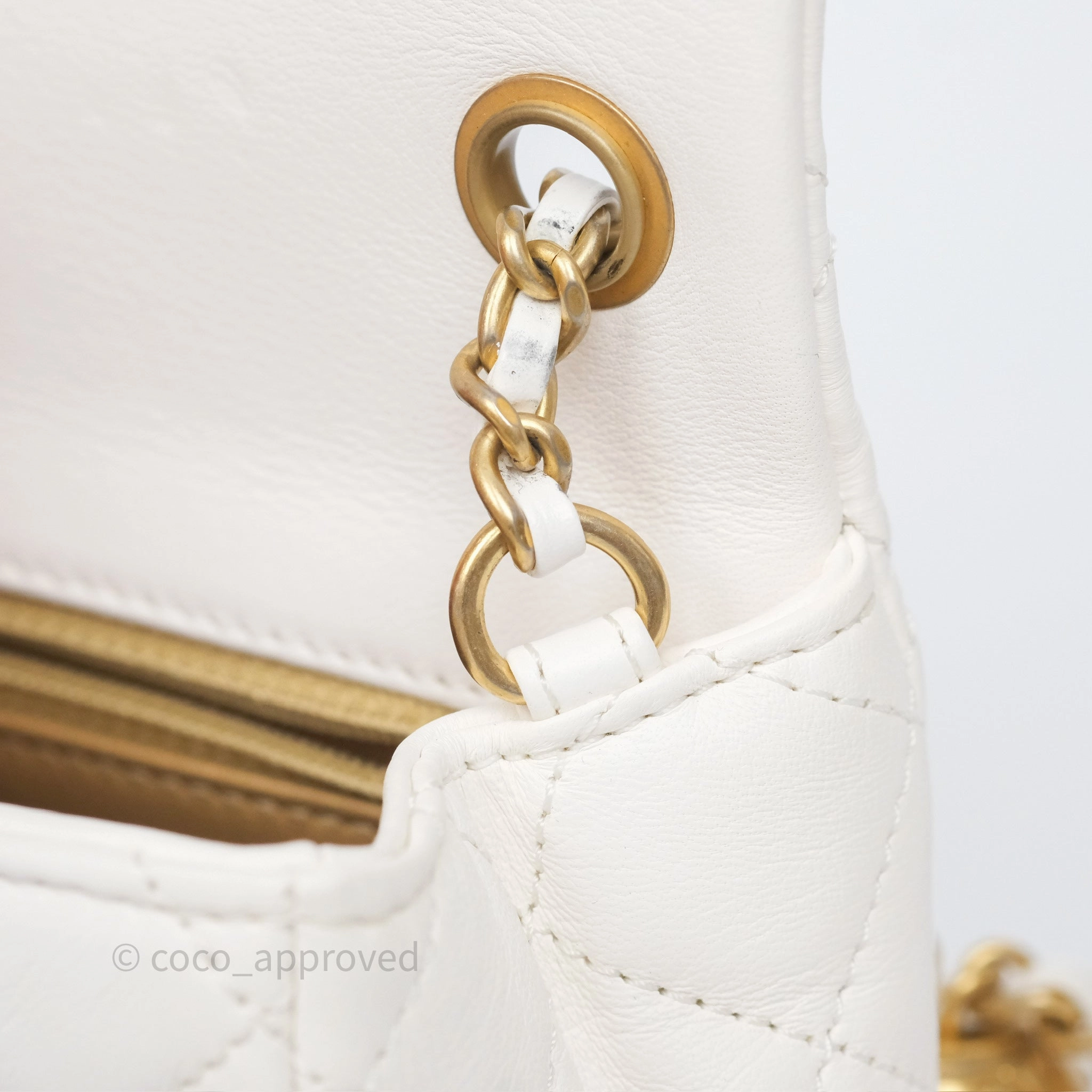 Chanel Pearl Crush Mini Square Quilted White Lambskin Aged Gold Hardware