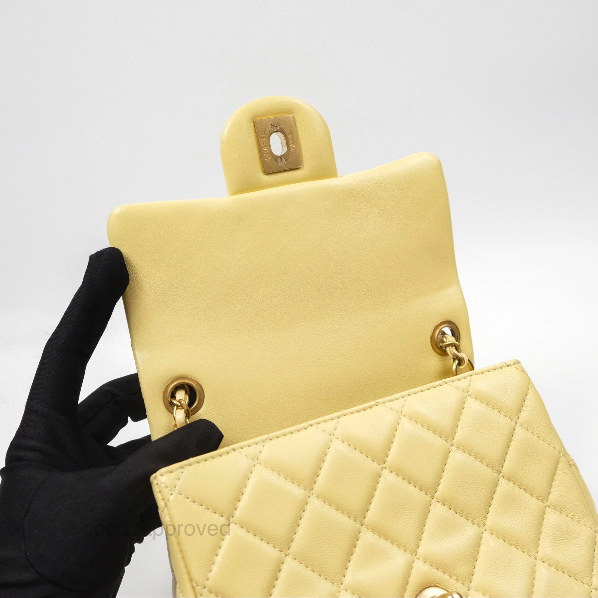 Chanel Pearl Crush Mini Square Quilted Yellow Lambskin Aged Gold Hardware