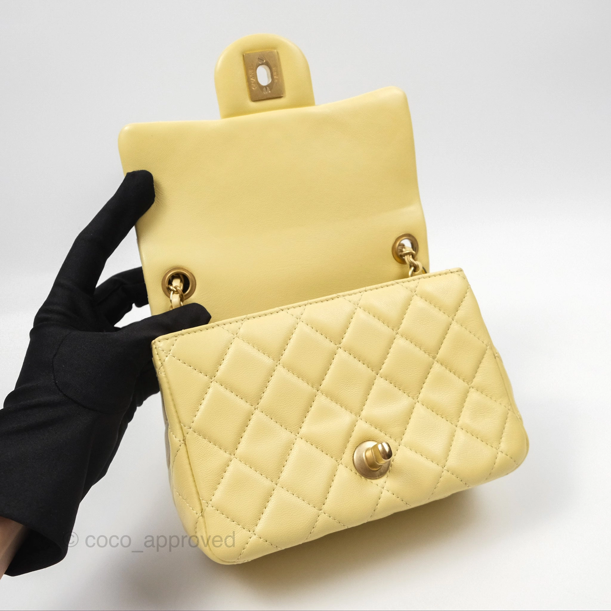 Chanel Pearl Crush Mini Square Quilted Yellow Lambskin Aged Gold Hardware