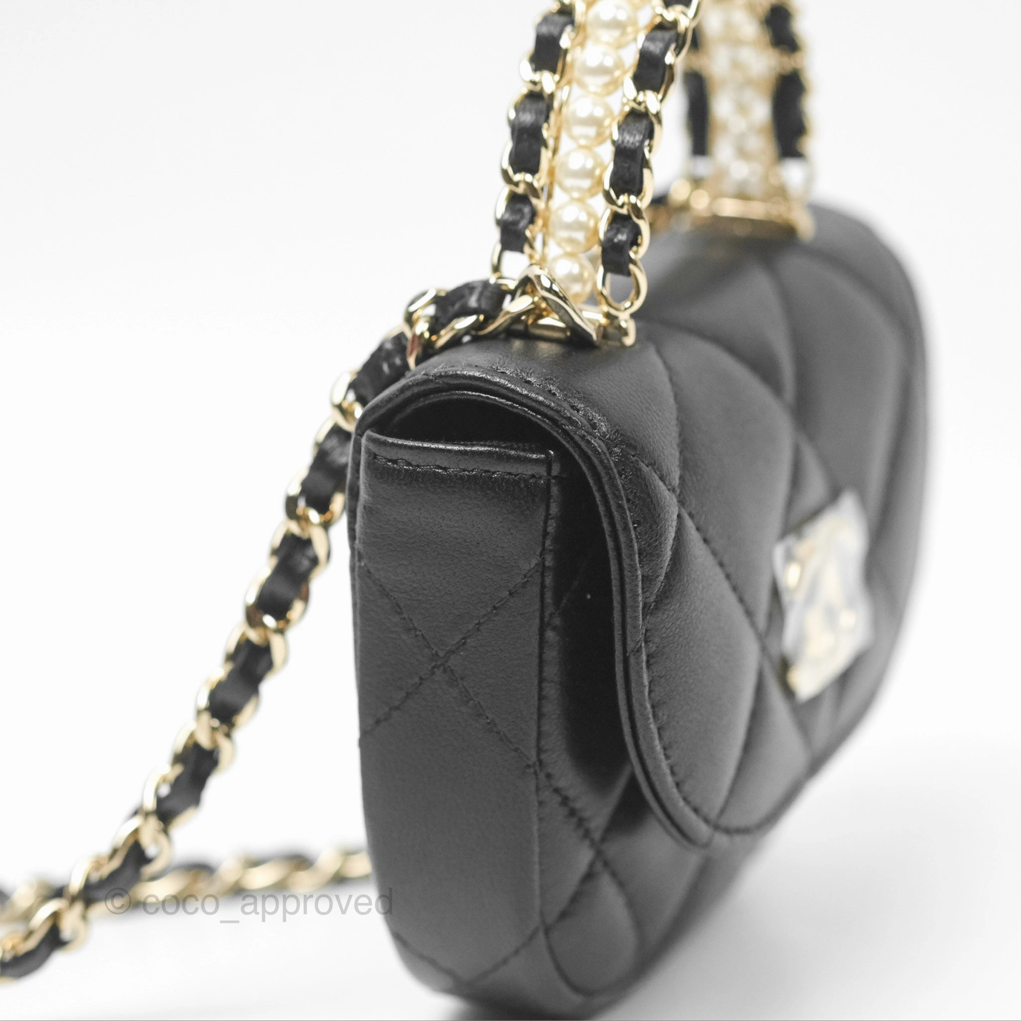 Chanel Pearl Top Handle Mini Clutch with Chain Black Lambskin Gold Hardware