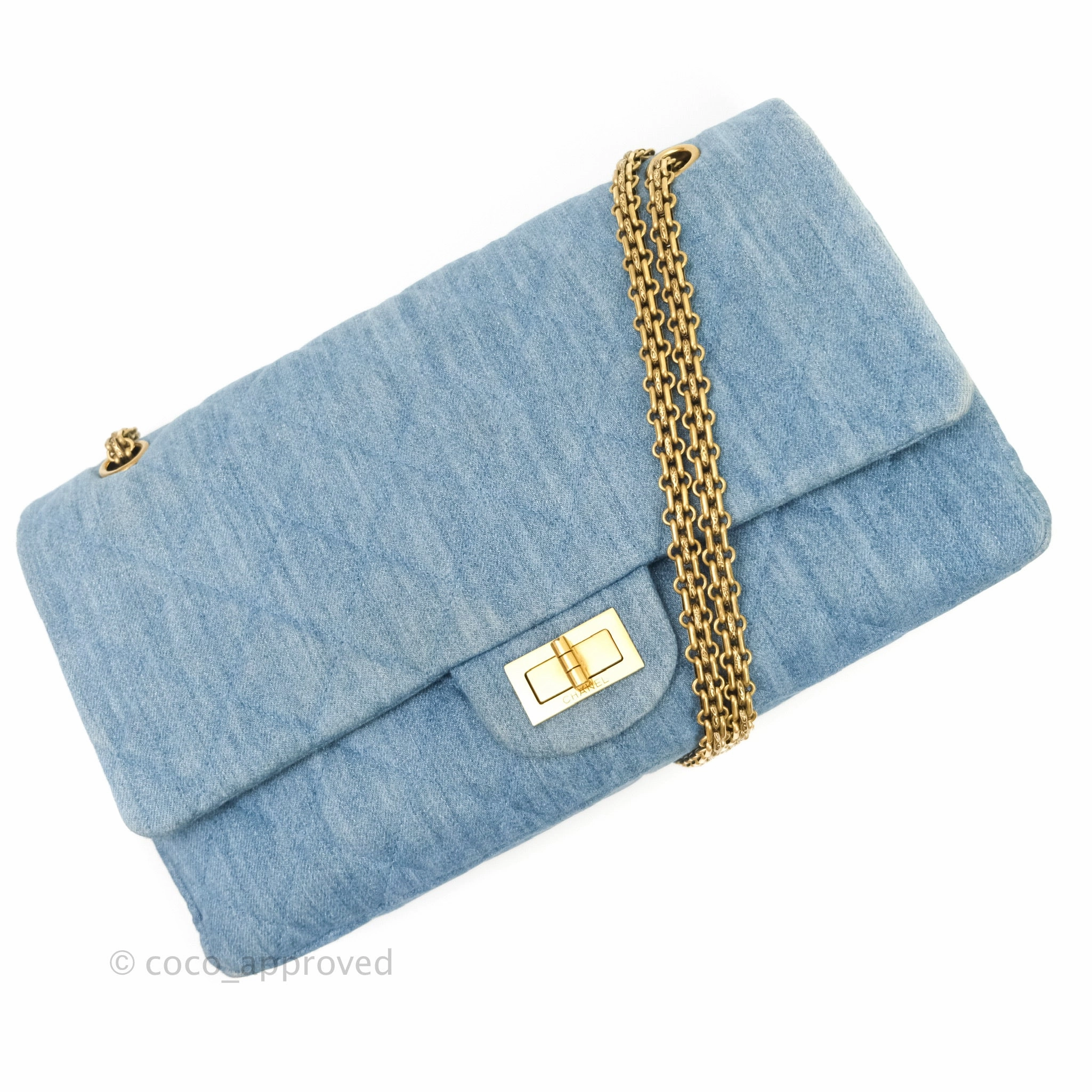Chanel Quilted 2.55 Reissue 227 Double Flap Denim Gold Hardware