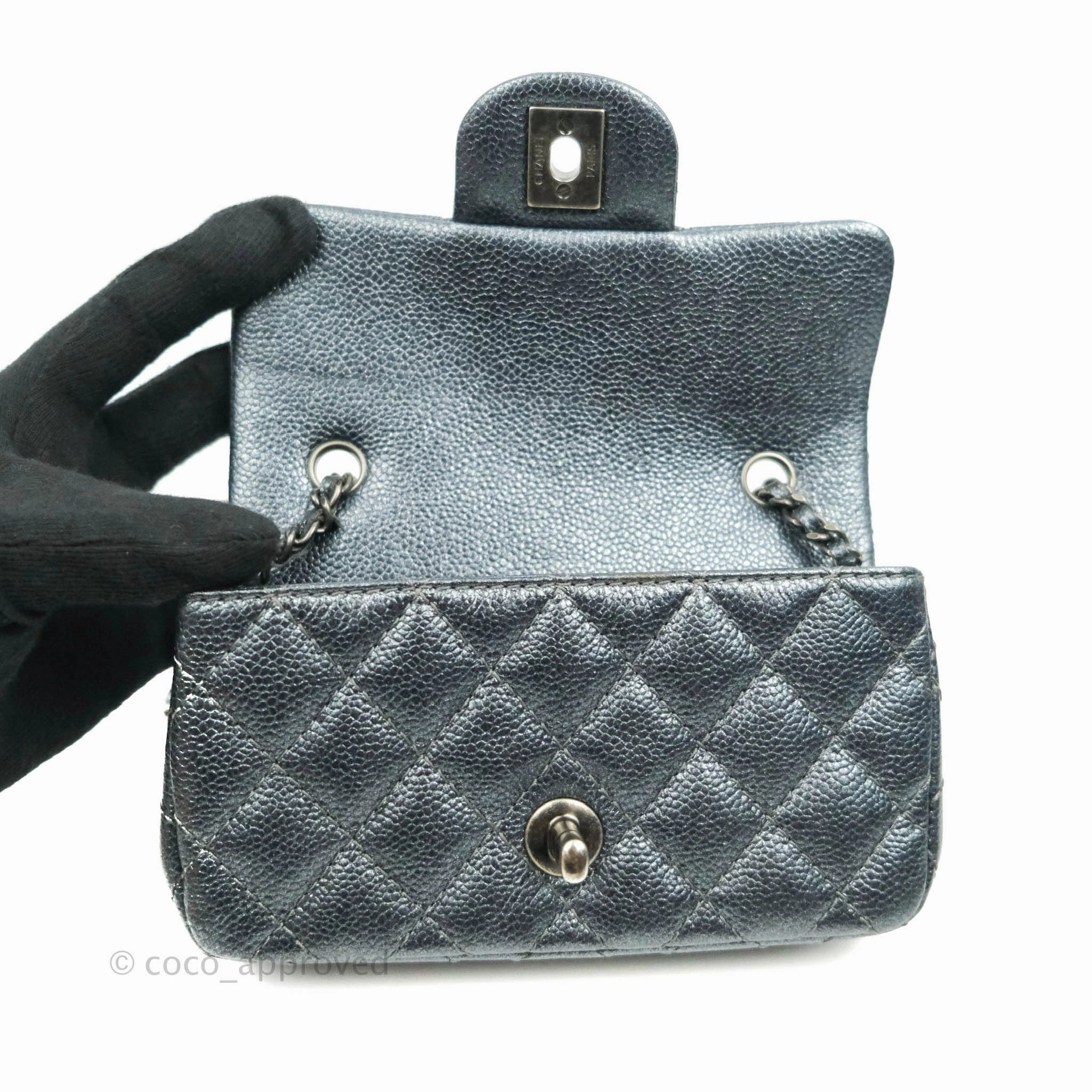 Chanel Quilted Extra Mini Rectangular Flap Metallic Dark Grey Caviar Ruthenium Hardware