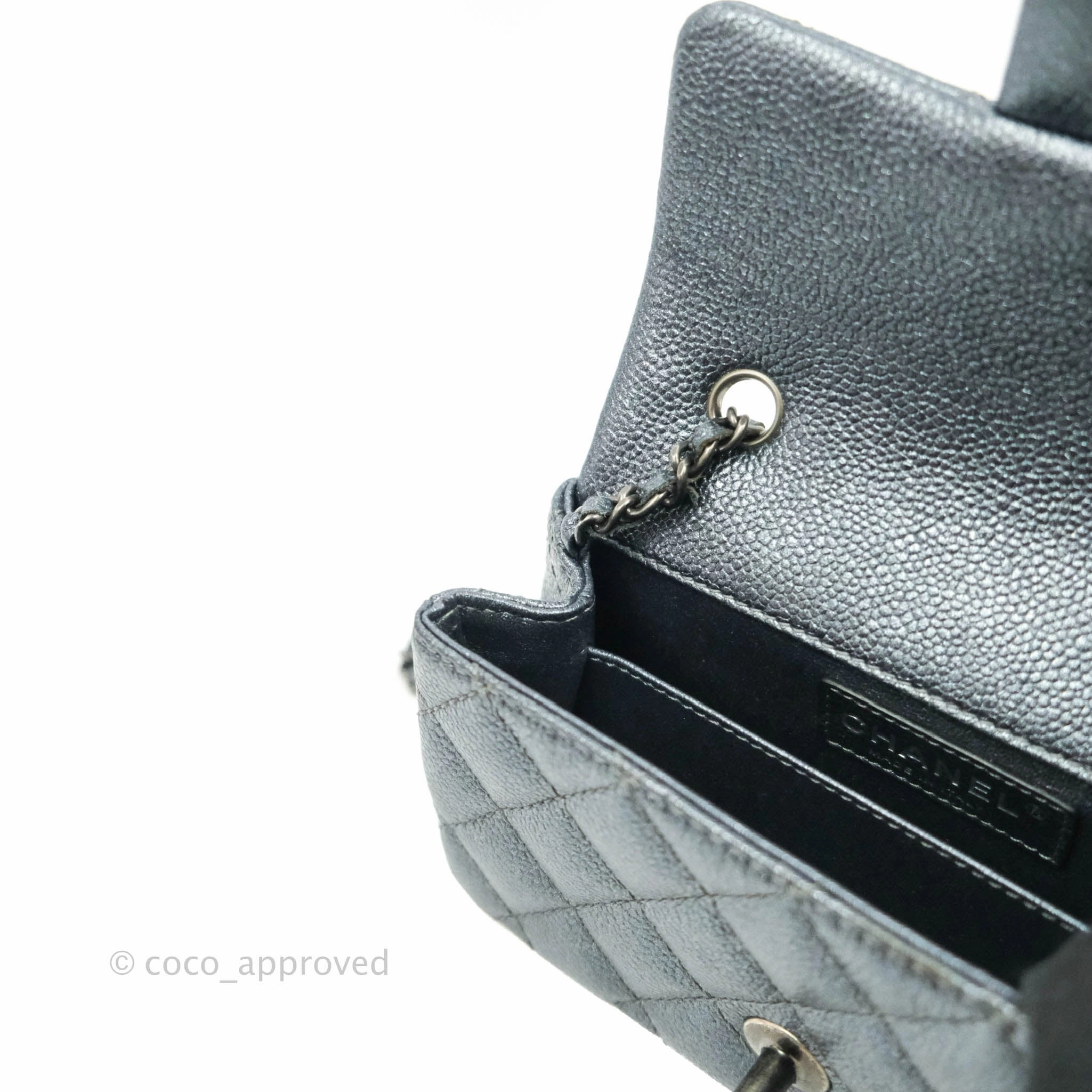 Chanel Quilted Extra Mini Rectangular Flap Metallic Dark Grey Caviar Ruthenium Hardware
