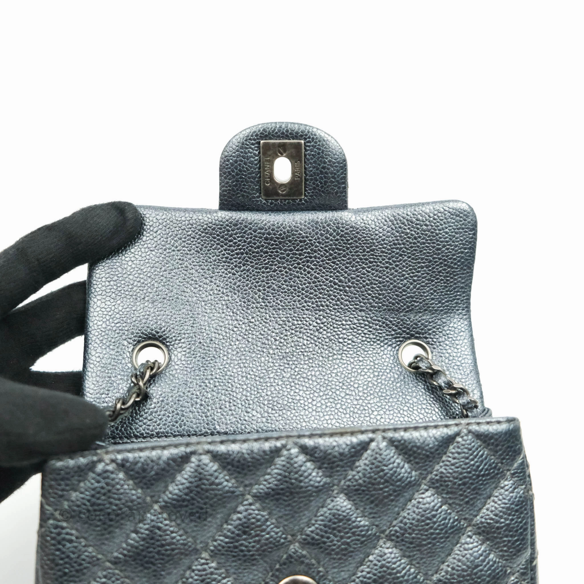 Chanel Quilted Extra Mini Rectangular Flap Metallic Dark Grey Caviar Ruthenium Hardware