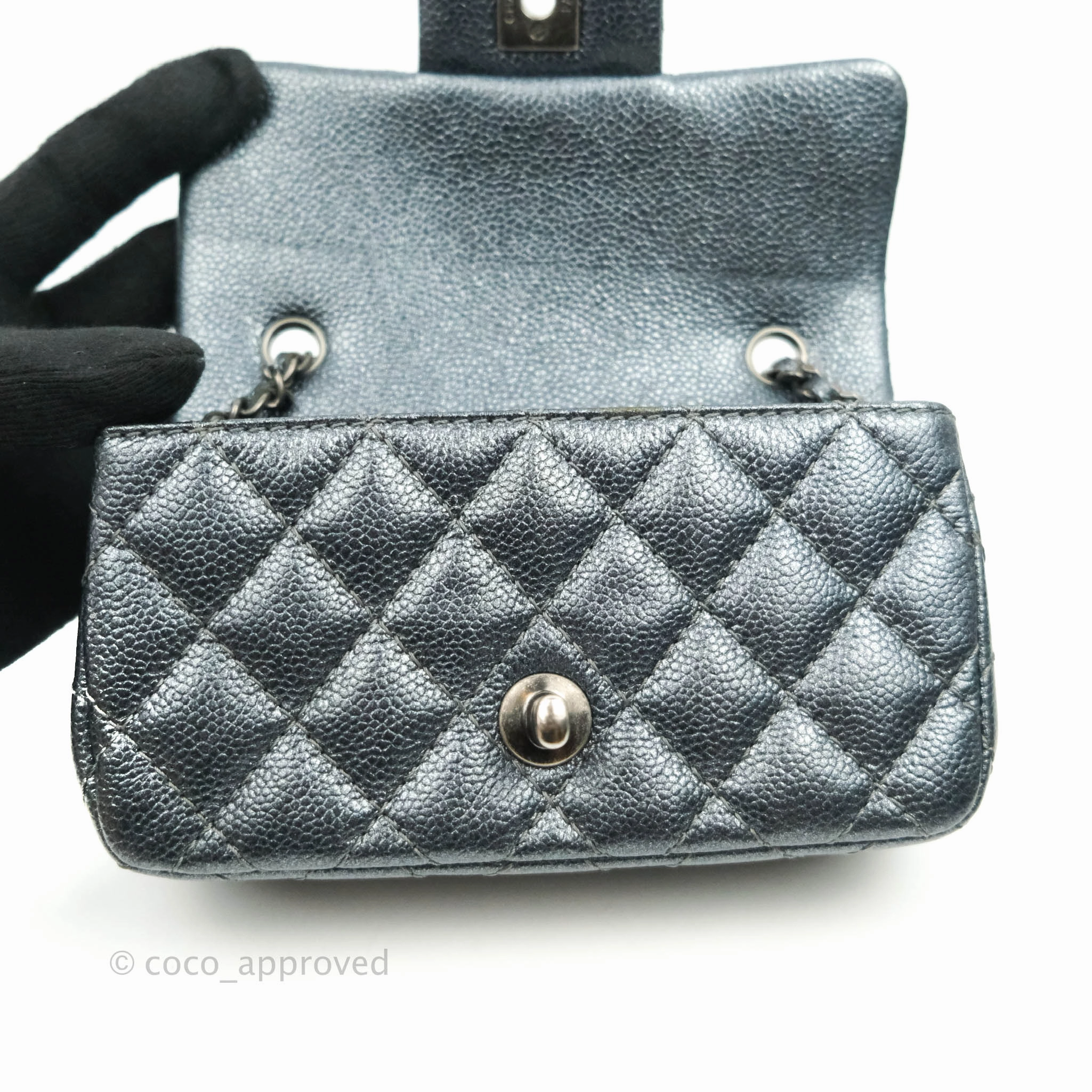 Chanel Quilted Extra Mini Rectangular Flap Metallic Dark Grey Caviar Ruthenium Hardware