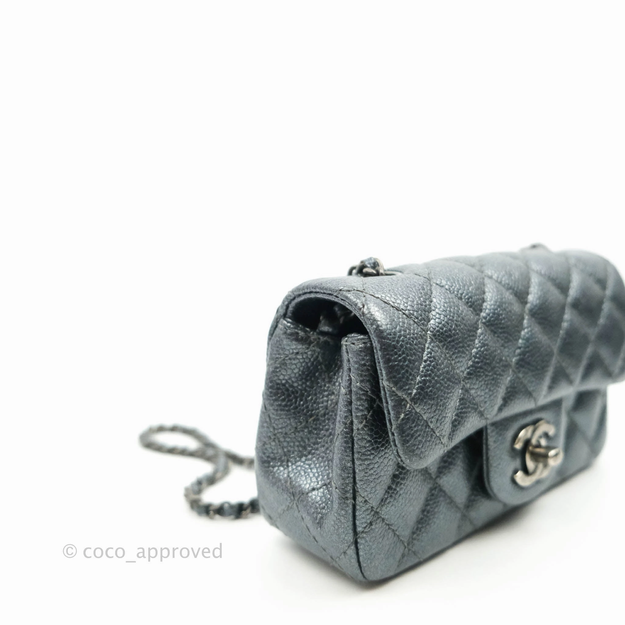 Chanel Quilted Extra Mini Rectangular Flap Metallic Dark Grey Caviar Ruthenium Hardware