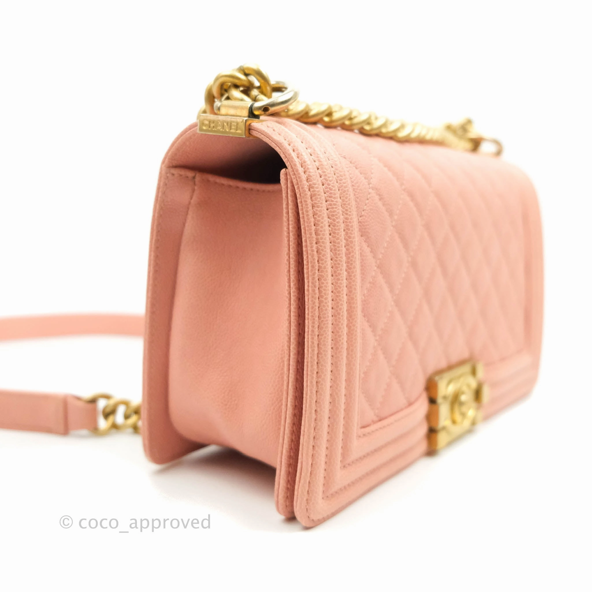 Chanel Quilted Medium Boy Bag Pink Caviar Aged Gold Hardware