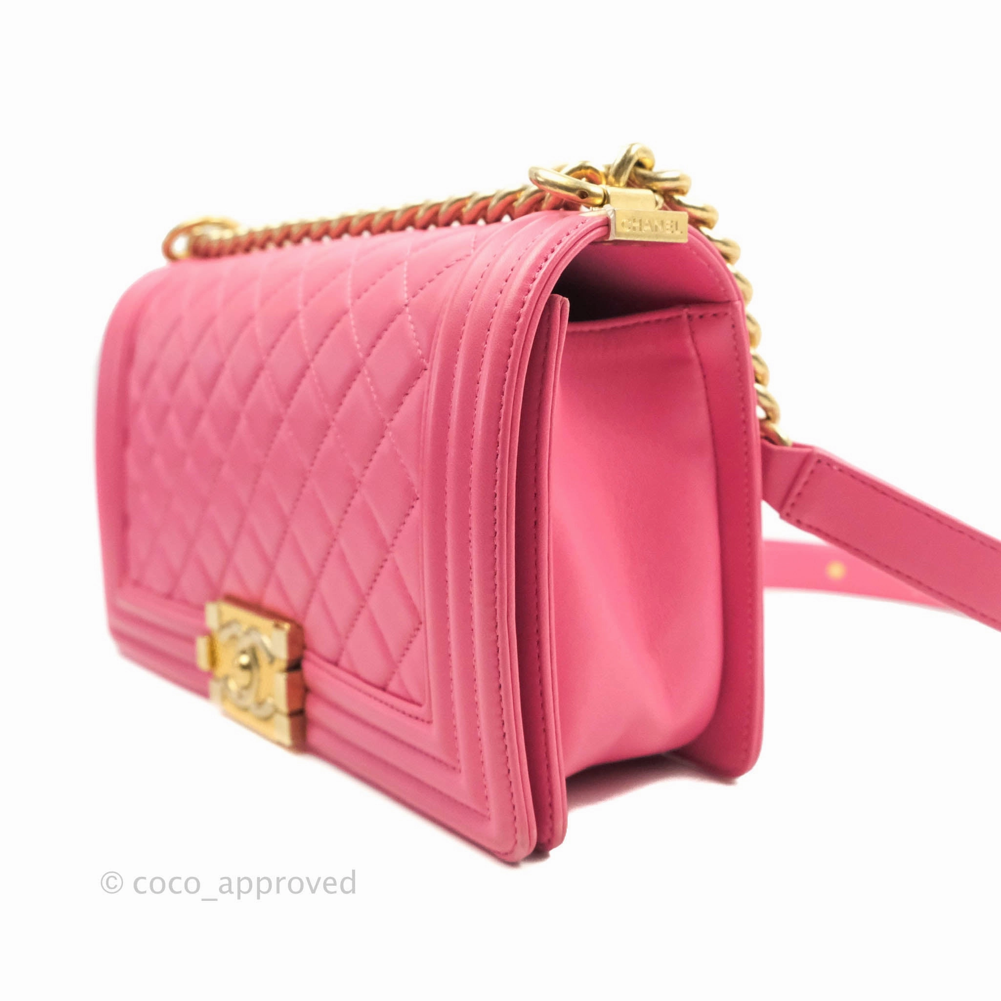 Chanel Quilted Medium Boy Bag Pink Lambskin Aged Gold Hardware
