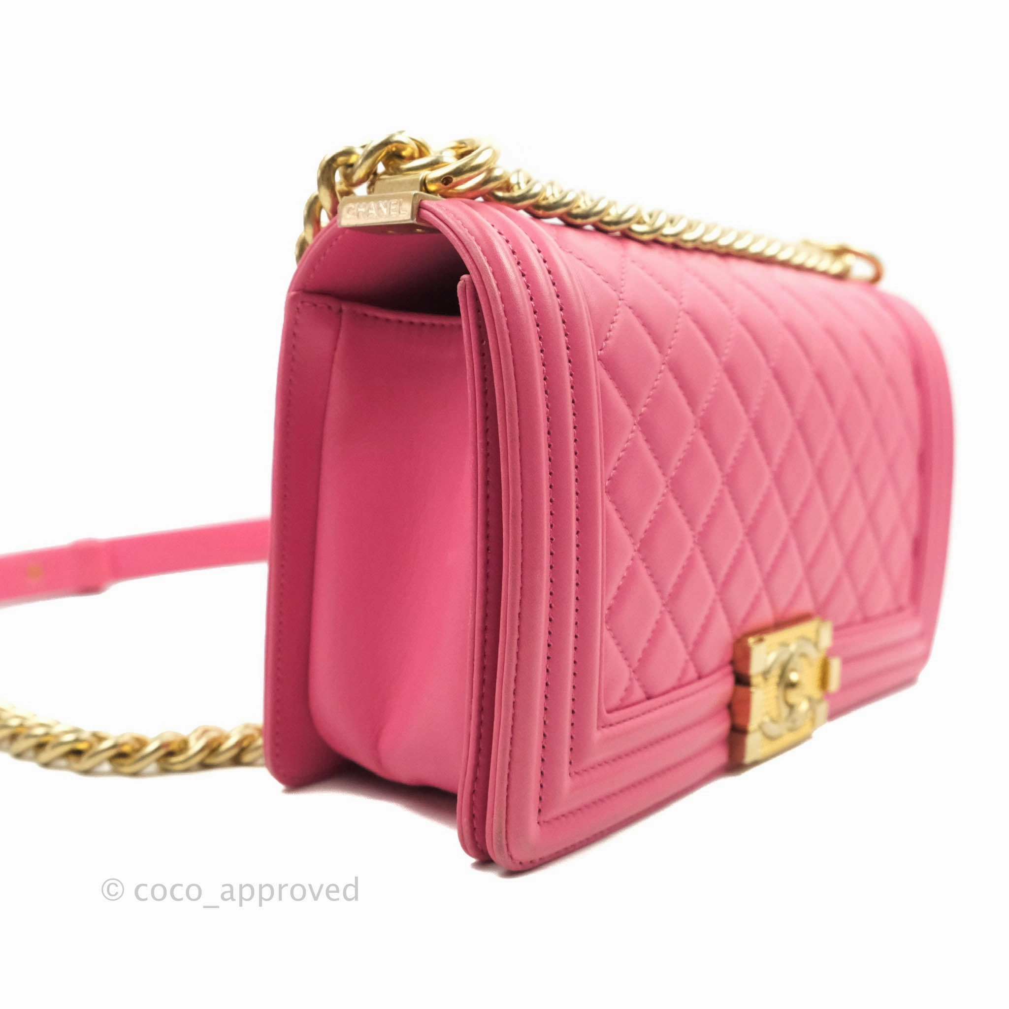 Chanel Quilted Medium Boy Bag Pink Lambskin Aged Gold Hardware