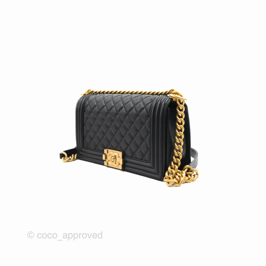 Chanel Quilted Medium Boy Black Calfskin Aged Gold Hardware