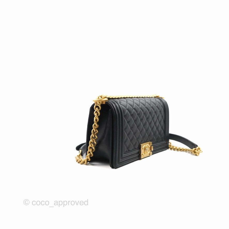Chanel Quilted Medium Boy Black Calfskin Aged Gold Hardware