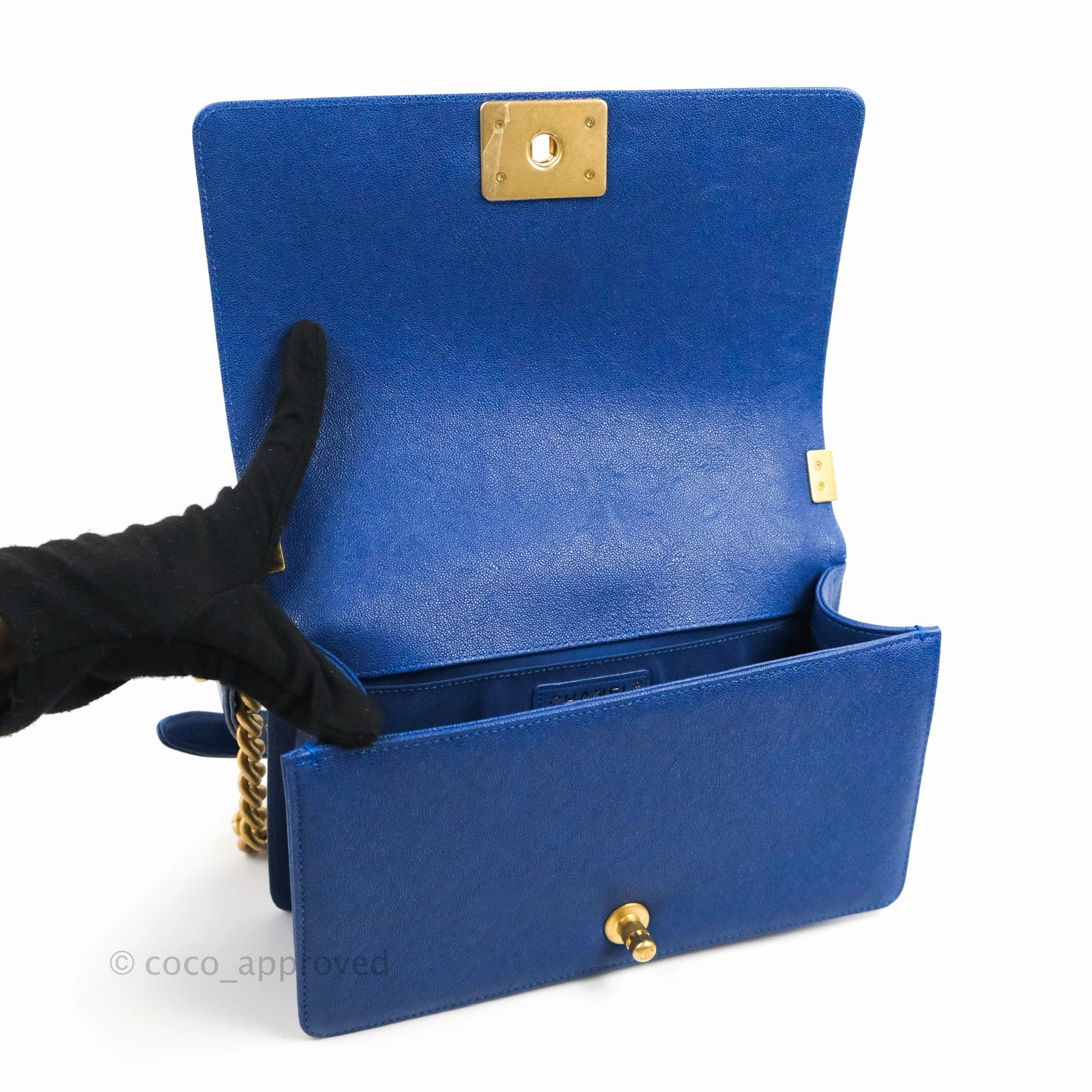 Chanel Quilted Medium Boy Blue Caviar Aged Gold Hardware