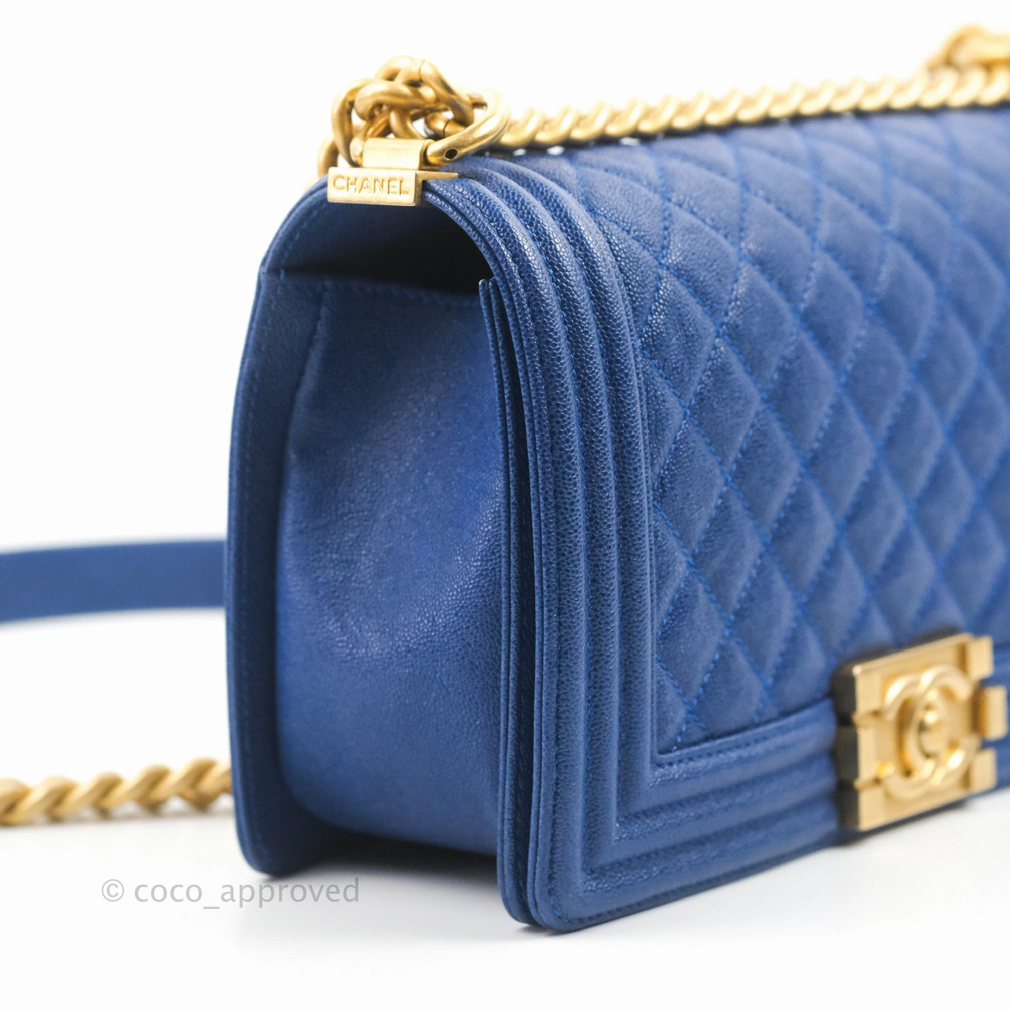 Chanel Quilted Medium Boy Blue Caviar Aged Gold Hardware