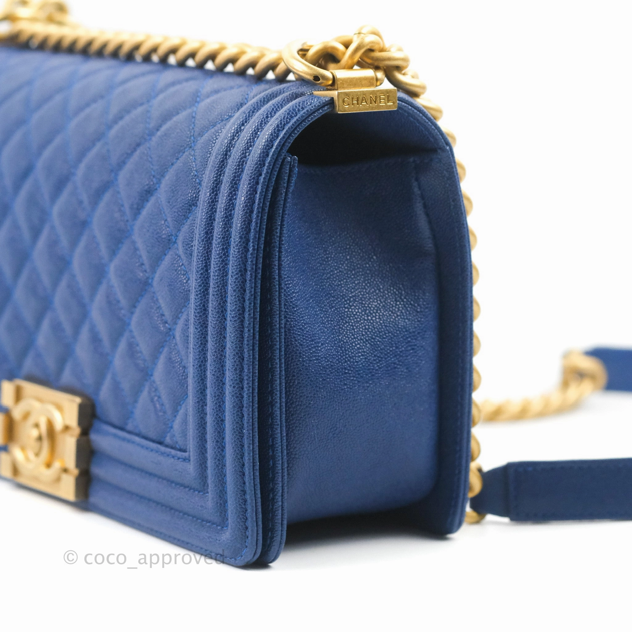 Chanel Quilted Medium Boy Blue Caviar Aged Gold Hardware