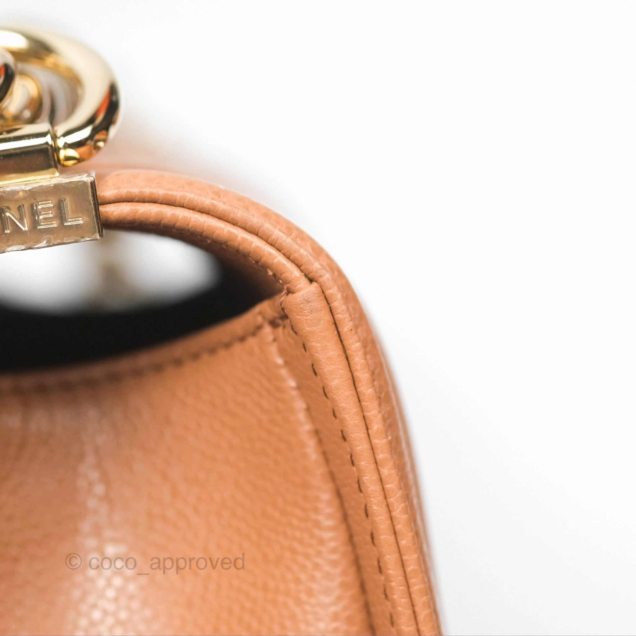 Chanel Quilted Medium Boy Dark Caramel Beige Caviar Gold Hardware