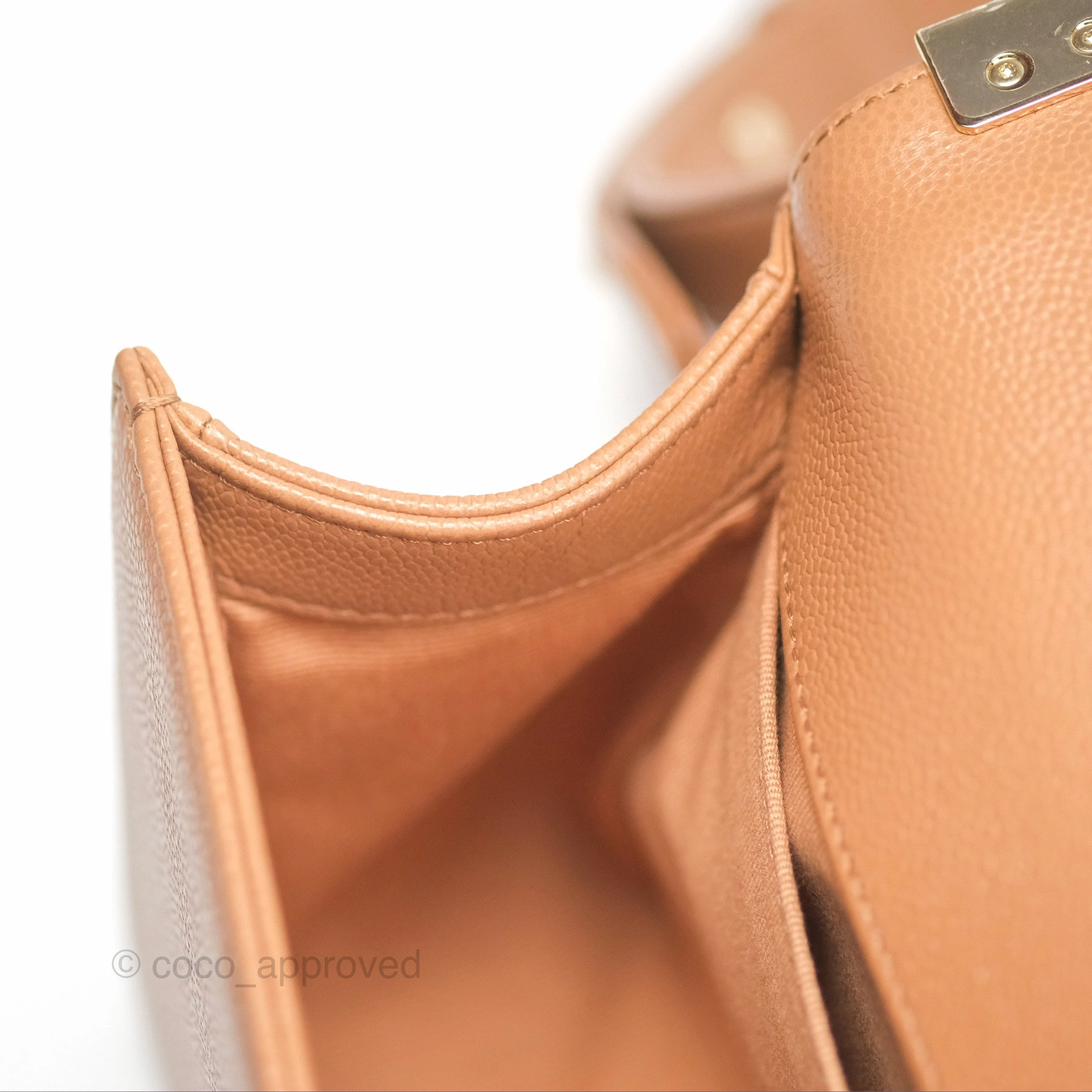 Chanel Quilted Medium Boy Dark Caramel Beige Caviar Gold Hardware