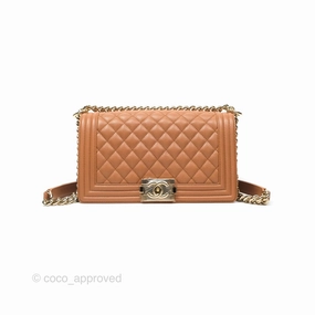 Chanel Quilted Medium Boy Dark Caramel Beige Caviar Gold Hardware