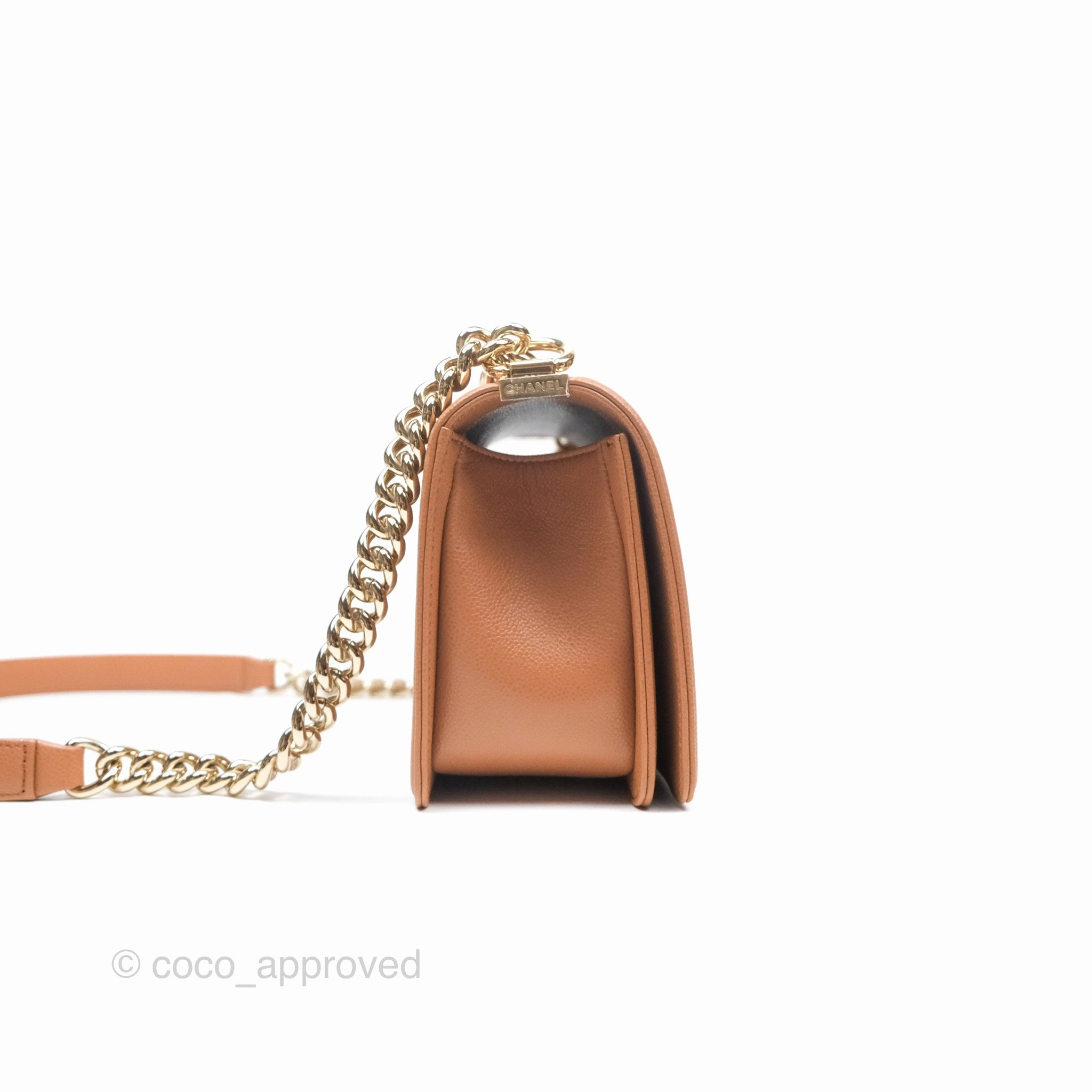Chanel Quilted Medium Boy Dark Caramel Beige Caviar Gold Hardware